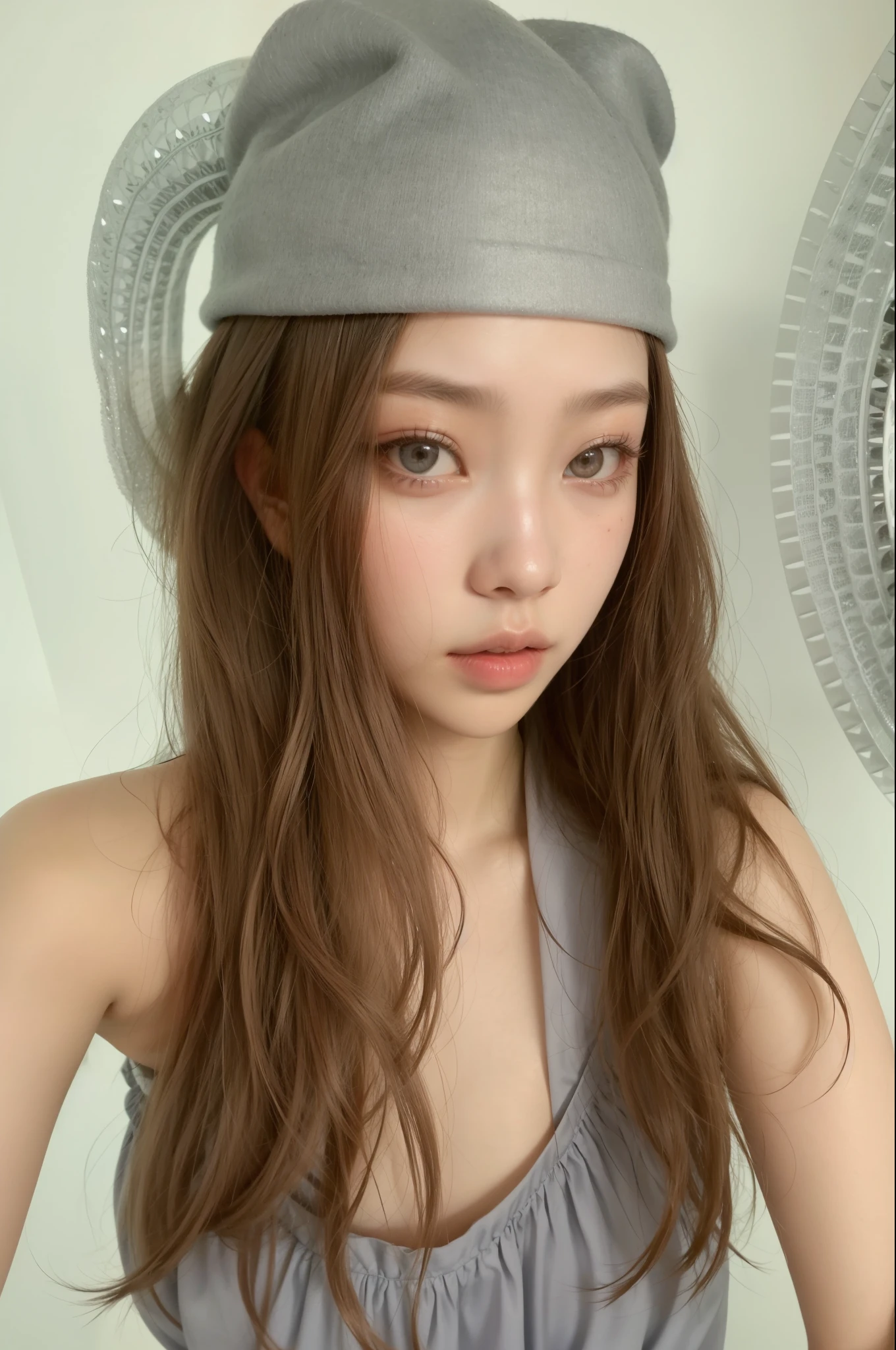 arafed woman wearing a silver hat and a gray dress, blackpink jennie, cynthwave, jossi of blackpink, sakimichan, Yoshitomo Nara, the hime cut, chiho, ulzzang, taejune kim, gongbi, heonhwa choe, lalisa manobal, white hime cut hairstyle