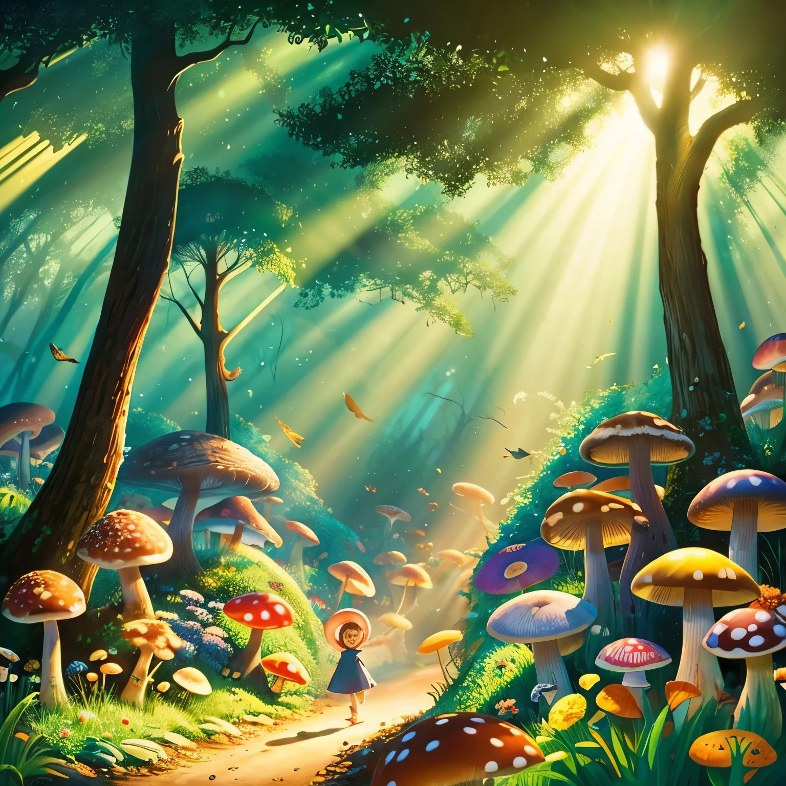 A beautiful forest spreads out in the land of mushrooms. Bright light shines through the towering colorful mushrooms. Picture book illustration style