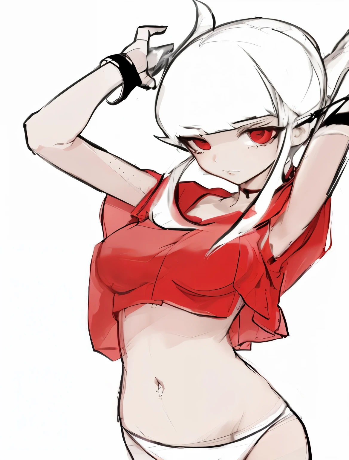 drawing of a woman in a Red top and white panties, ((Red)) bags under eyes,  wearing clothes, grayscale phtoto with Red dress, Gaimoyedre, By Prue, Posture with hands behind body!, gravity rush inspiRed, twisted posture, anime style, some Red, Danganronpa digital art, bad posture, Demon anime girl，sexy