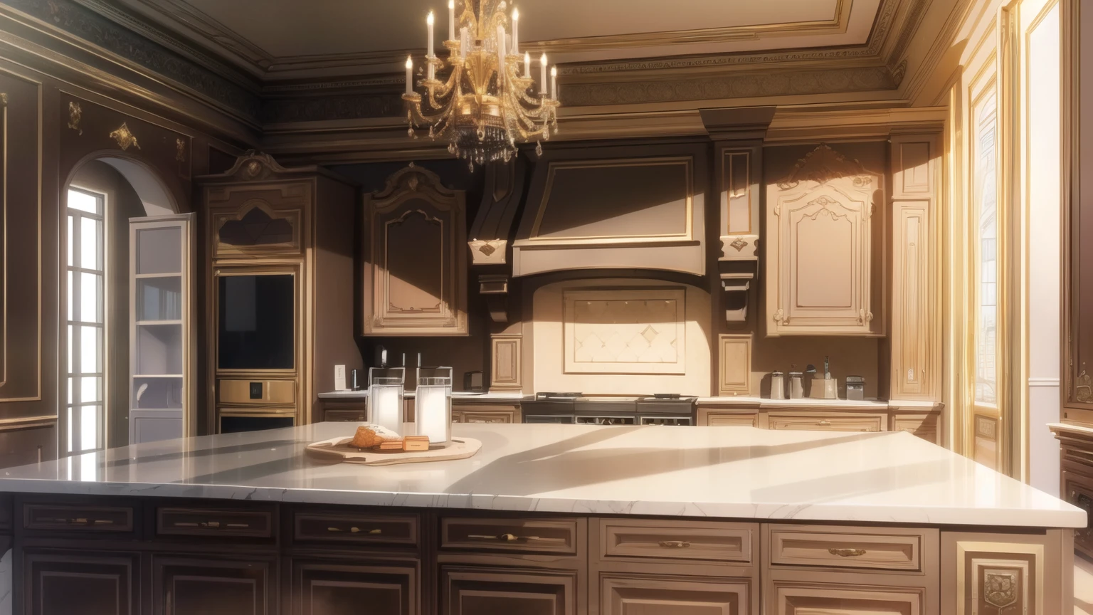 (masterpiece), (best quality), (ultra-detailed), (best illustration), (best shadow), interior of a European palace, (kitchen), pans, smoke, food, refrigerator, fires, countertops