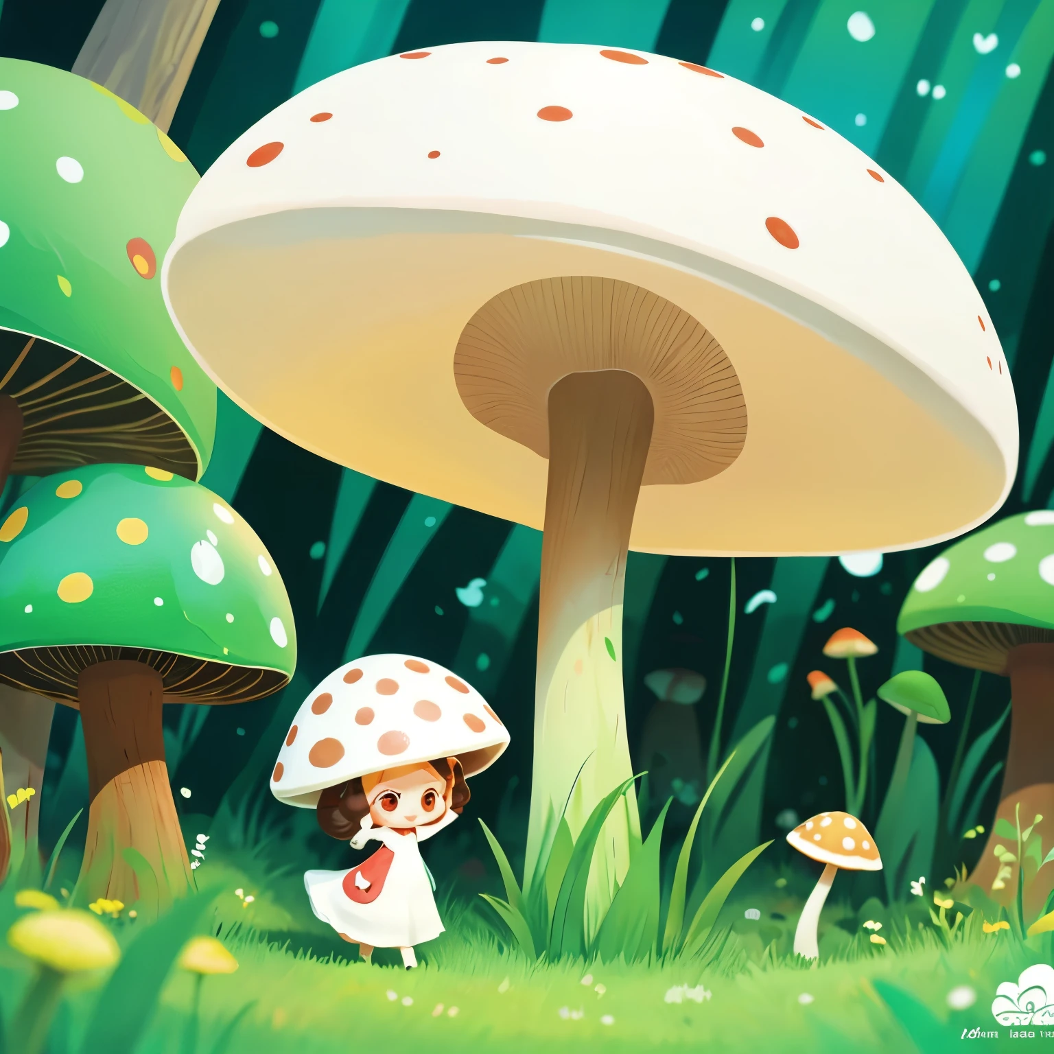 While Lulu was walking in the forest, she came across a fluffy white mushroom. It spoke to me in a strange voice. "Hello! I'm a fluffy mushroom." Picture book illustration style