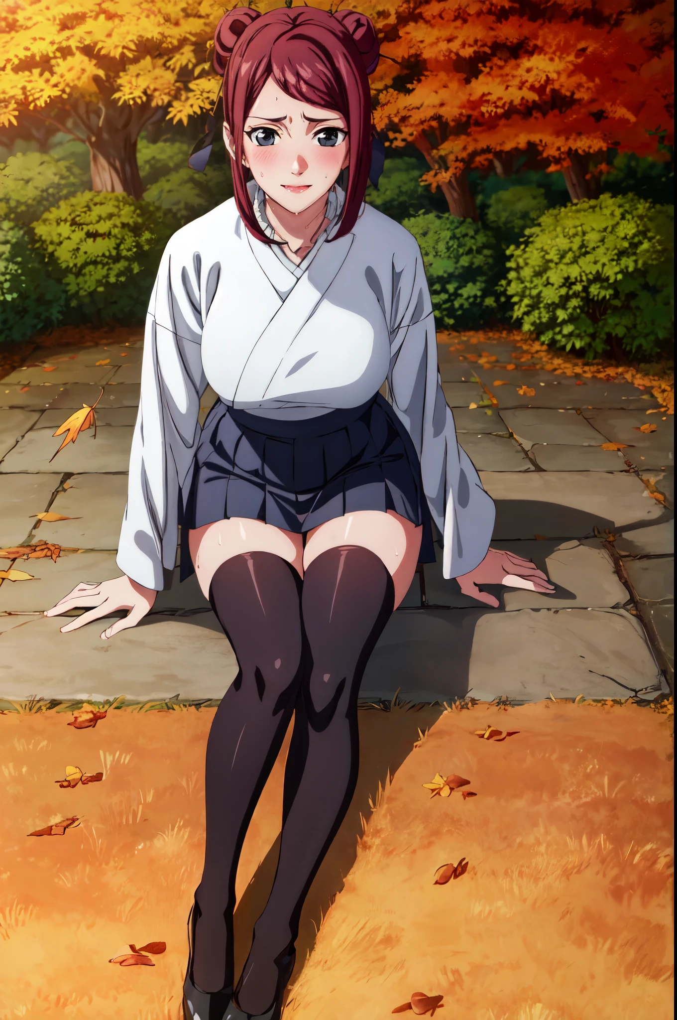 Masterpiece, absurd , (complex parts), (colorful),cinematic lighting,Destructive Shot,чрезвычайно подробные обои CG Unity 8k, Mito Uzumaki, 1 girl, mature woman, smiles widely, Wear Student Clothes,Wear long black stockings, Sitting, on open air, (Falling leaves:1.3), autumn leaves, (autumn), Sun Ray, maple, parted lip,wind, view viewer, Mito Uzumaki, ,(breathe through,Sweat a lot,blush,Be red in the face,I had a lot of sweat on my face,blush),(slouched,Counterforce,Enchanting pose,sexy pose)