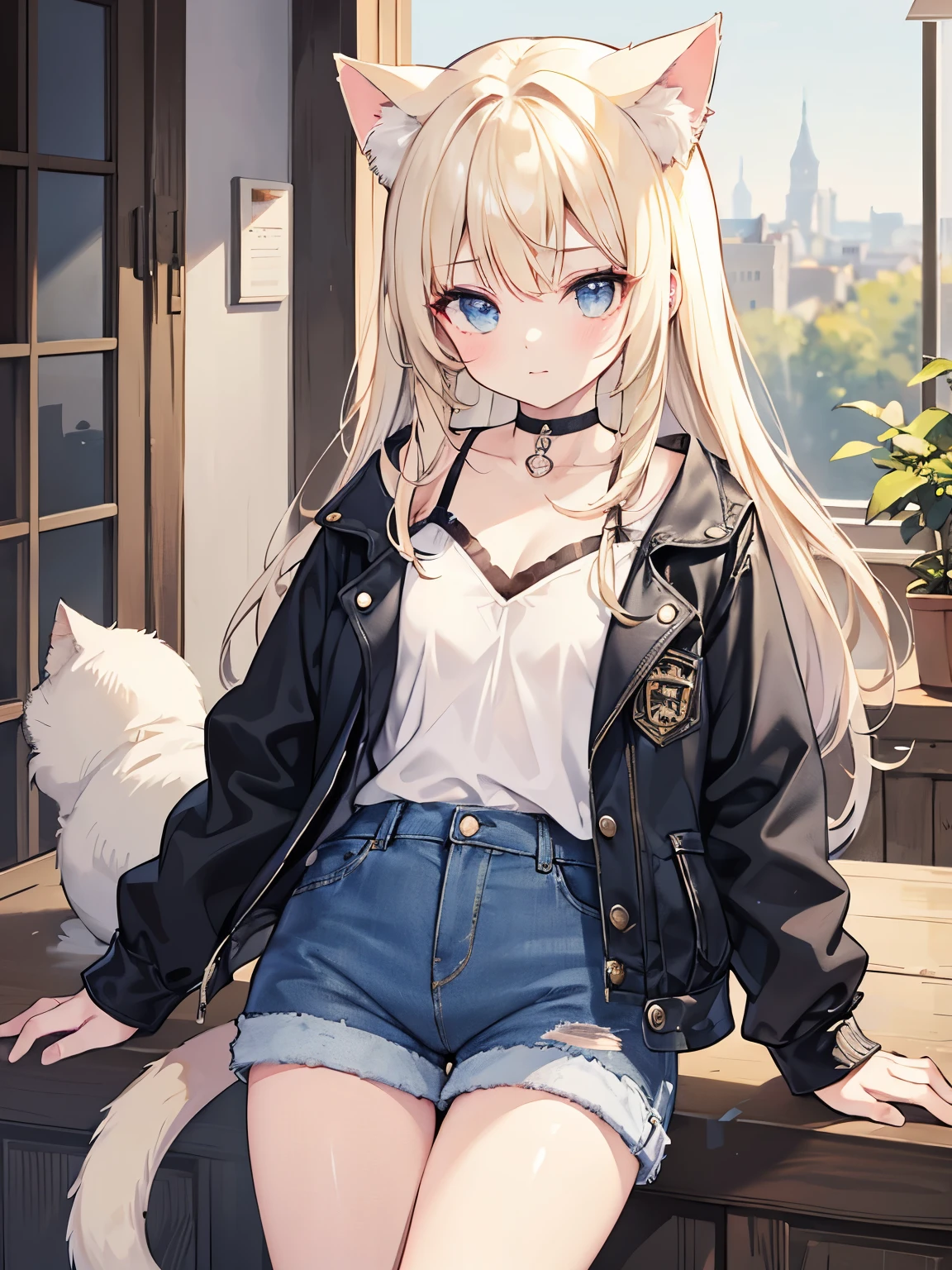 masterpiece, {{{{Highest quality}}}}, beautiful,1 girl, platinum_blonde_hair, cat ears(platinum blonde), cat tail(platinum blonde), denim short shorts, denim shorts, denim shortpants, denim, {{black pantyhose,}} denim shortpants, jacket, a choker
