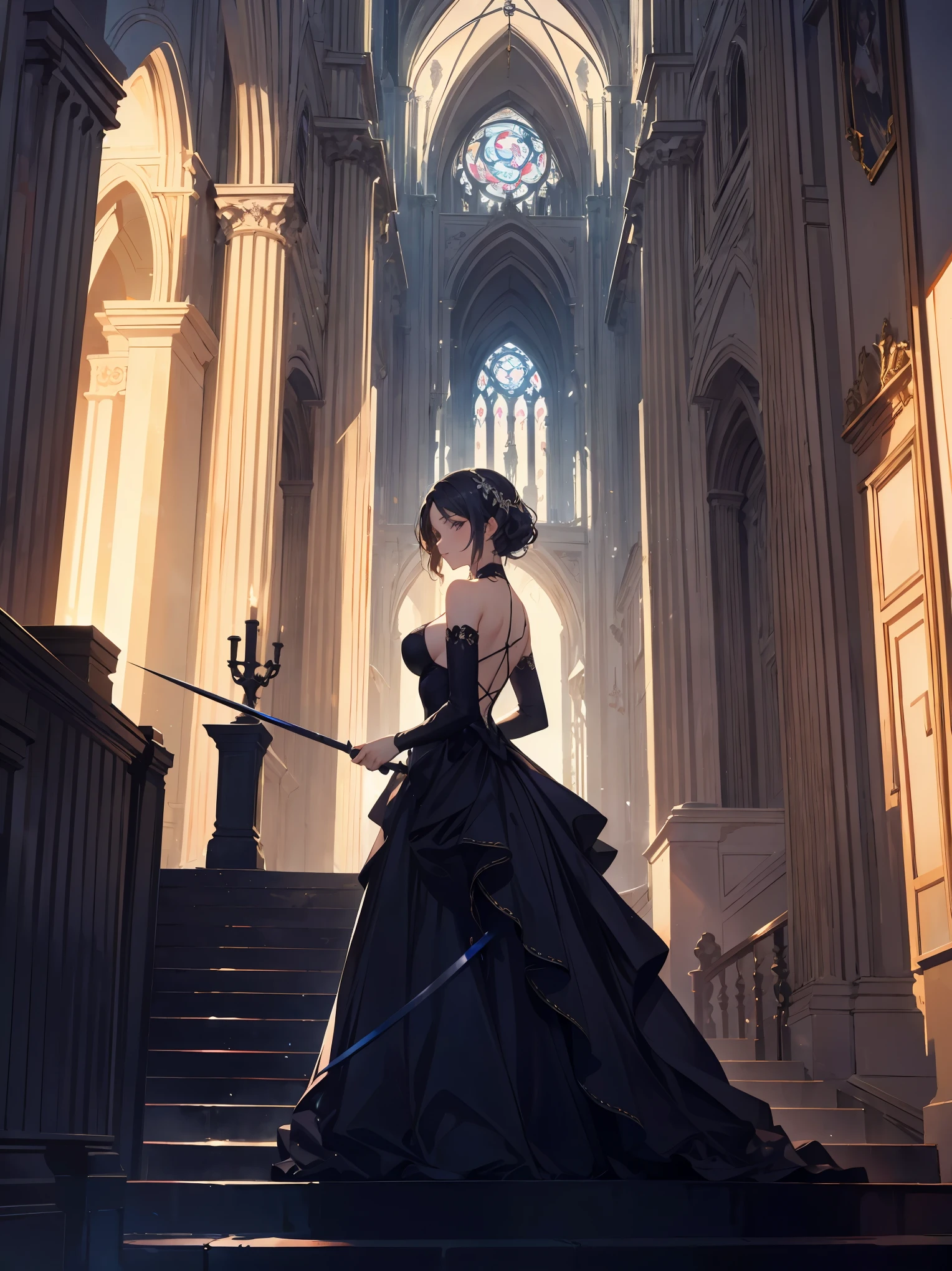 Title: "Elegance in Vienna"
The illustration depicts Countess Elara standing on a moonlit rooftop in 1920s Vienna. She wears an opulent gown, her chestnut curls cascading down her back. In one hand, she holds a rapier, its blade catching the starlight. The cobblestone streets below are bathed in a soft glow, and the silhouette of St. Stephen's Cathedral stands tall in the distance.