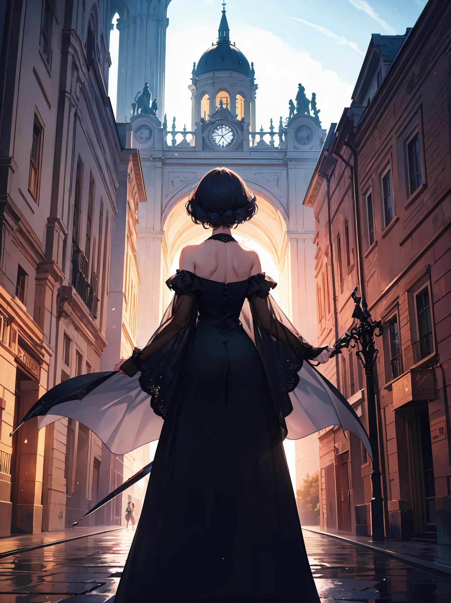 Title: "Elegance in Vienna"
cowboy shot、
The illustration depicts Countess Elara standing on a moonlit rooftop in 1920s Vienna. She wears an opulent gown, her chestnut curls cascading down her back. In one hand, she holds a rapier, its blade catching the starlight. The cobblestone streets below are bathed in a soft glow, and the silhouette of St. Stephen's Cathedral stands tall in the distance.