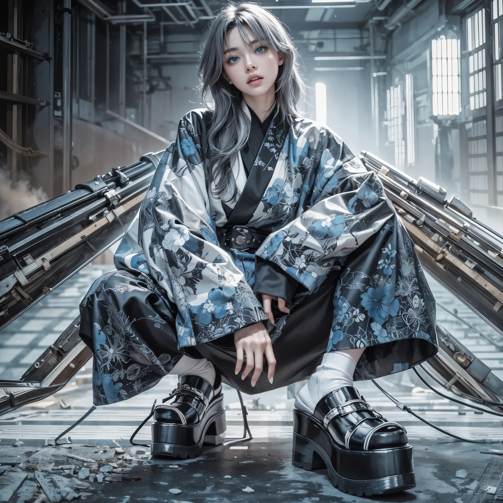 (Realistic, 8k, best quality, masterpiece, ultra-detiled:1.4), (white and black theme:1.4), (mode fashion:1.6), (fog and mist Blurred background, Perfect and beautiful concrete background:1.4), (Inorganic and nostalgic white lighting:1.4), 
//Character
BREAK
1girl, mode fashion model, 22 years old, Tightened all body, (small head, small face:1.2), small mouth, small nose, Sharp Faceline, big eyes, dropy eyes, Double eyelid, Light color eyes, Glossy eyes, Shiny eyes, Shiny skin, shiny hair, perfect Teeth, Glossy Lips, beautiful Teeth,
BREAK Kimono remake、Ankle-length cyberpunk kimono in vivid black and white、wearing cyber clogs、(gray hair, blue eyes),