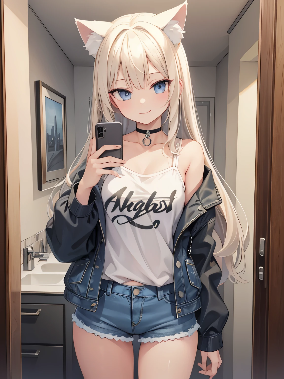 masterpiece, {{{{Highest quality}}}}, beautiful,1 girl, platinum_blonde_hair, cat ears(platinum blonde), cat tail(platinum blonde), denim short shorts, denim shorts, denim shortpants, denim, {{black pantyhose}}, denim shortpants, jacket, a choker{{{seductive smile}}}, selfee、self-taken picture、taking a picture of oneself, self_shot, 