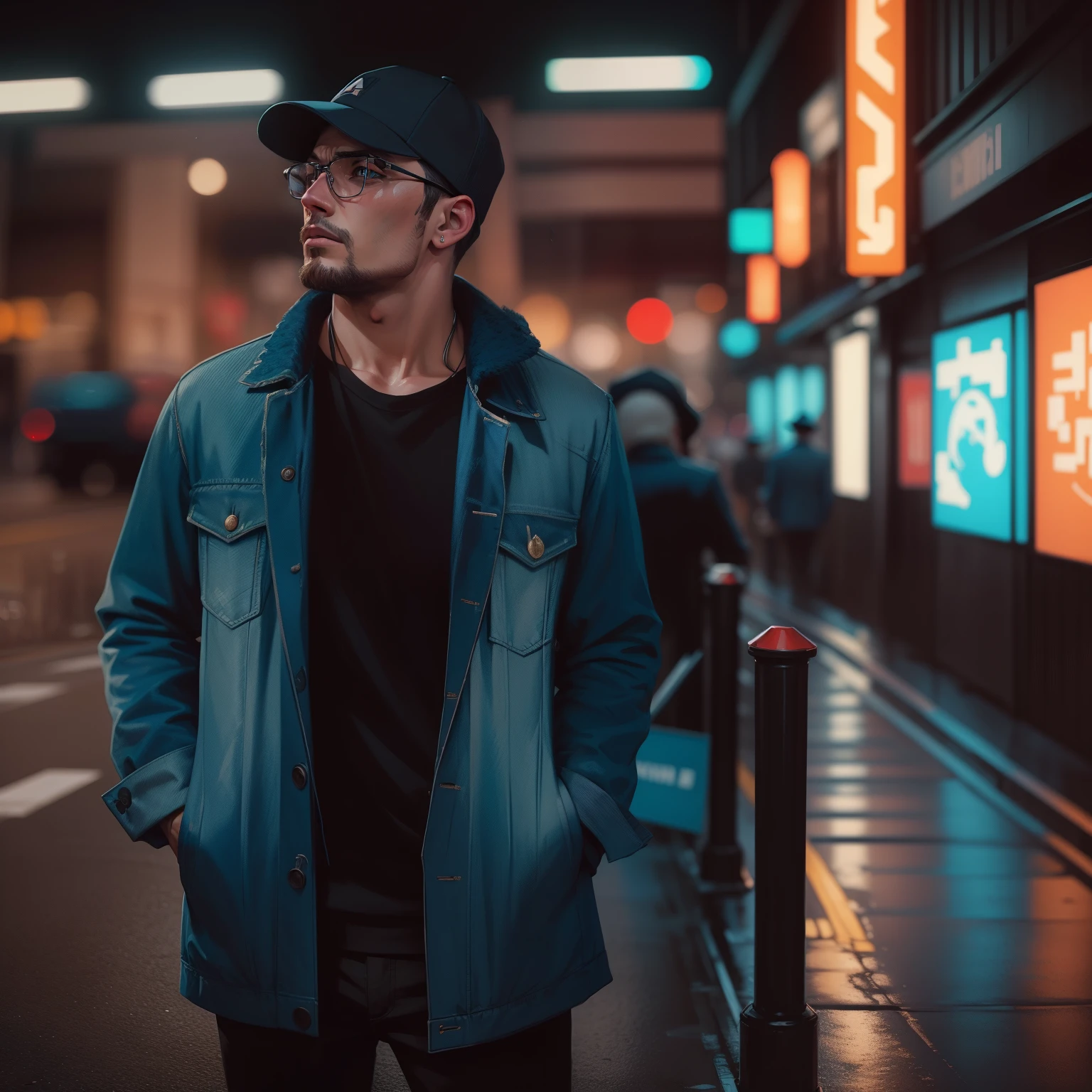 sharp man in blue jacket and black hat standing on the street, inspirado em Liam Wong, retrato de alta qualidade, retrato de lofi, pouco detalhado. pintura digital, estilo de arte lofi, estilo de arte digital, estilo de arte realista, imagem de arte digital, high quality pintura digital, estilo de arte realista, 2d illustration, 2d illustration, Retrato 2D