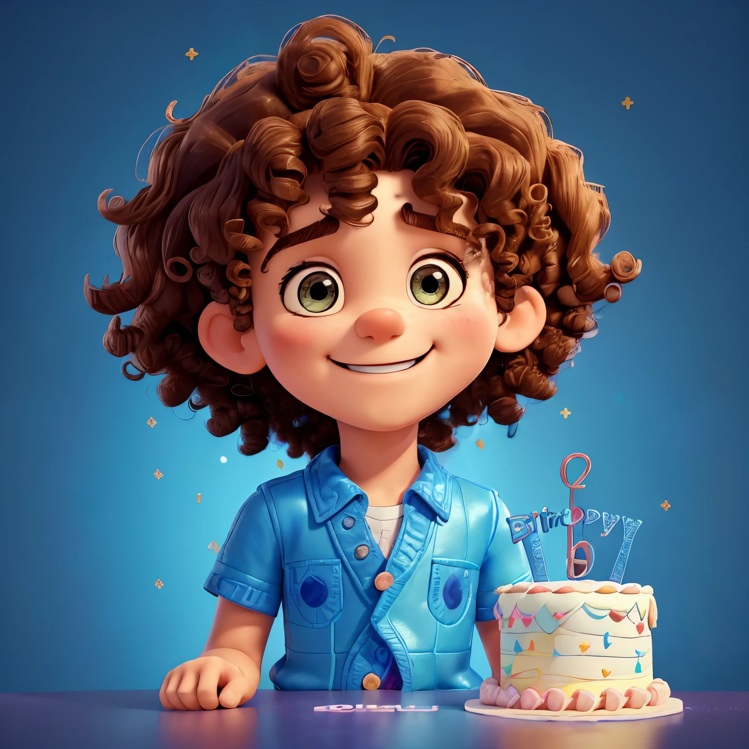 ((|) (cute curly-haired boy smiling with a beautiful birthday cake) stylized identical to 1940 |)), quilting, multidimensional geometric wall PORTRAIT, top, Chibi, Yang016K, beautiful, ((Predominant blue coloring,) ) Primary works, superior quality, best quality, official art, Bonito and Estetaduardo Kobra quilting, details
