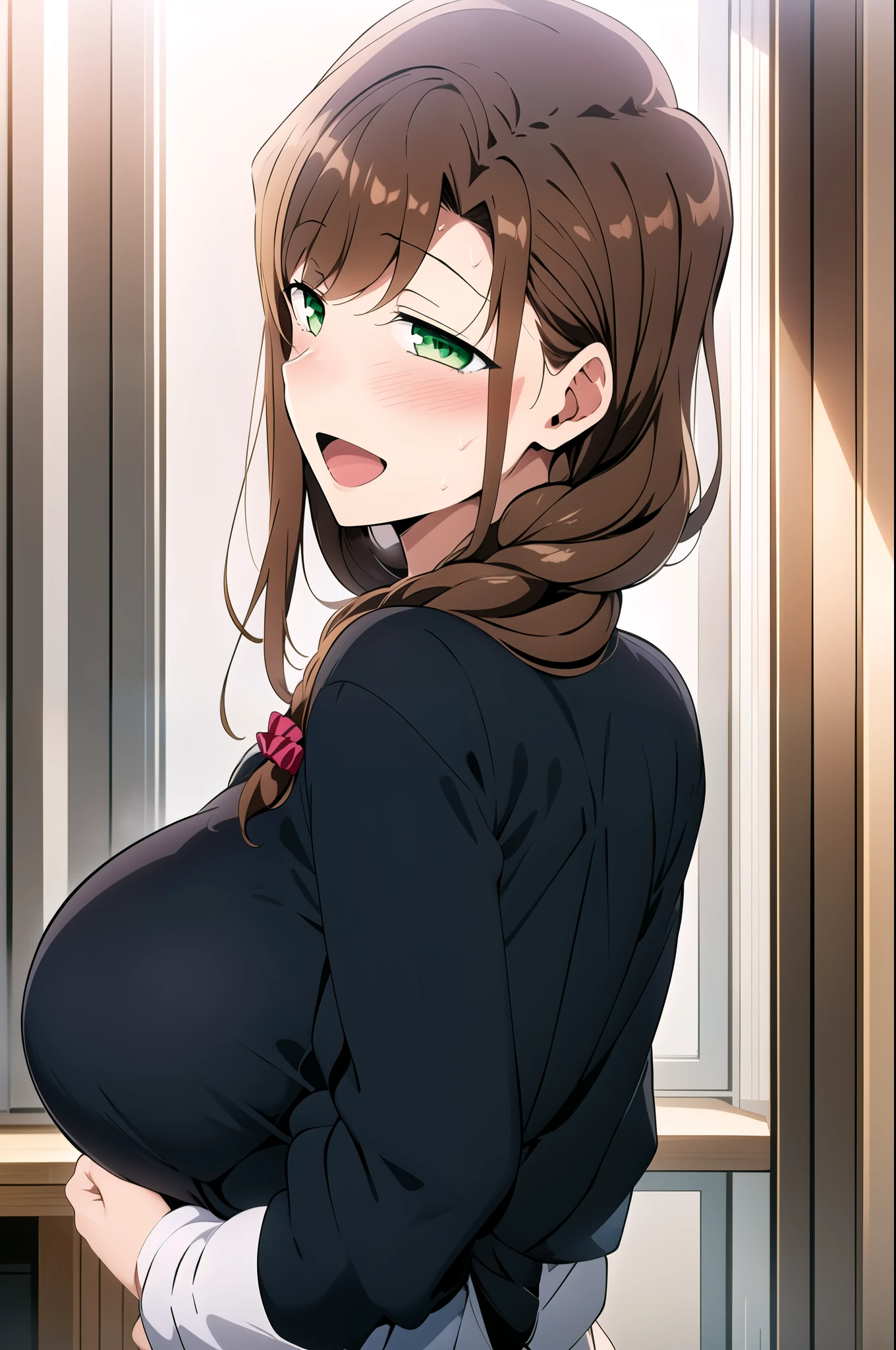 master piece, 1girl, solo, scrunchie, braid, looking at viewer, blush, open mouth, huge breasts, happy, brown hair, black shirt, long sleeves, green eyes, upper body, sweat, looking back, indoors, clothes lift, from behind, black shirt, detailed eyes, braid over shoulder
