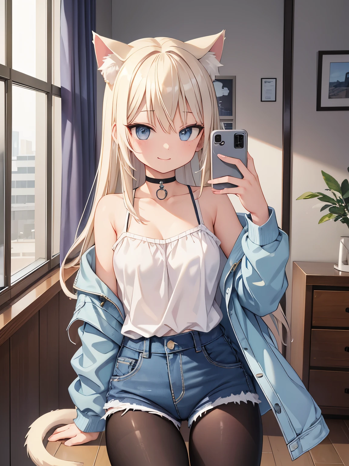 masterpiece, {{{{Highest quality}}}}, beautiful,1 girl, platinum_blonde_hair, cat ears(platinum blonde), cat tail(platinum blonde), denim short shorts, denim shorts, denim shortpants, denim, {{black pantyhose}}, denim shortpants, jacket, a choker{{{seductive smile}}}, selfee、self-taken picture、taking a picture of oneself, self_shot,