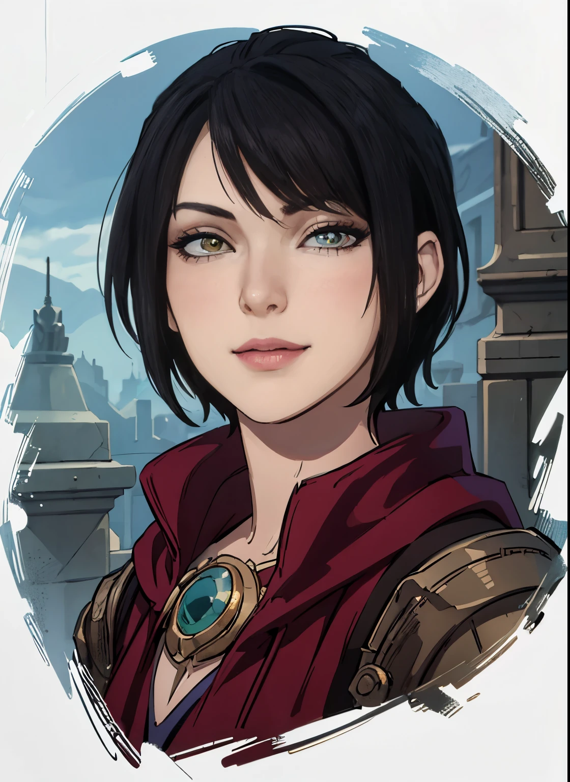 masterpiece, highest quality, RAW, analog style, A stunning portrait of a beautiful woman, dragon age, ((highly detailed skin, skin details)), sharp focus, 8k UHD, DSLR, high quality, film grain, Fujifilm XT3, smirk, smilling, intricately details, highly detailed, cluttered and detailed background