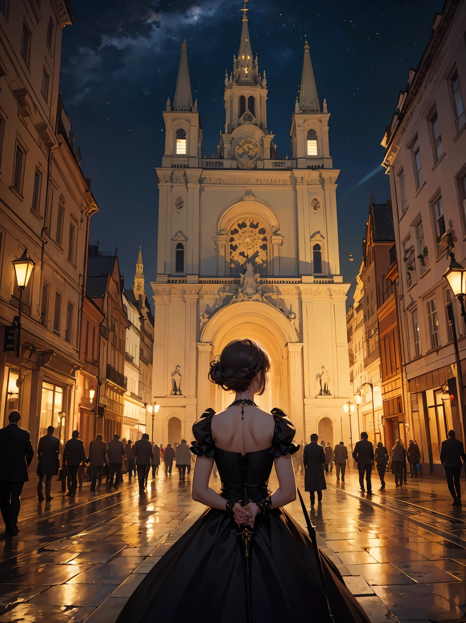 Title: "Elegance in Vienna" cowboy shot、 The illustration depicts Countess Elara standing on a moonlit rooftop in 1920s Vienna. She wears an opulent gown, her chestnut curls cascading down her back. In one hand, she holds a rapier, its blade catching the starlight. The cobblestone streets below are bathed in a soft glow, and the silhouette of St. Stephen's Cathedral stands tall in the distance.
