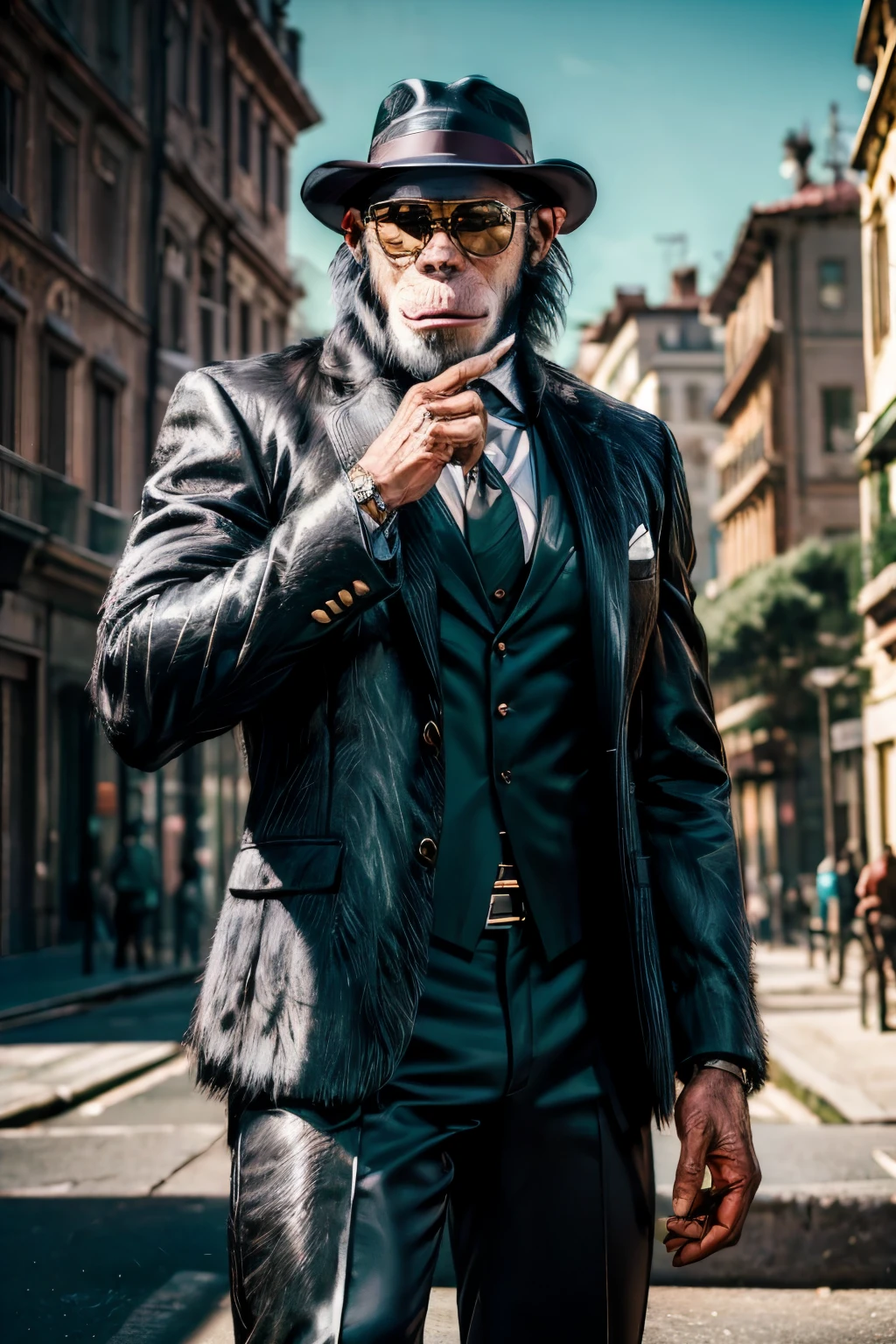 (a cool anthropomorphic chimpanzee:1.1,italian gangster in a sharp business suit),(best quality,4k,8k,highres,masterpiece:1.2),ultra-detailed,(realistic,photorealistic,photo-realistic:1.37),oil painting,crisp details,rich textures,detailed background,vibrant colors,expressive eyes,enigmatic smile,confident posture,cool sunglasses,expensive-looking watch,deep shadows,subtle lighting,hints of gold and silver,naturalistic landscapes,long shadows,stylish fedora,celestial blue and emerald green color palette,meticulous brushstrokes,impeccable tailoring,brooding atmosphere,high contrast,impressive attention to detail,subtle reflections,holding gun,holding pistol,urban cityscape with towering buildings,atmospheric perspective,city lights illuminating the surroundings,attractive composition,strong sense of depth,feathery strokes for foliage,texture of fur,black fur,realistic fur,strategically placed highlights,energetic brushwork,intricate patterns on the suit buttons,imposing presence of chimpanzee,hand gestures conveying authority and power,impressive background architecture,reflections on the sunglasses,portraying a blend of confidence and mystery.