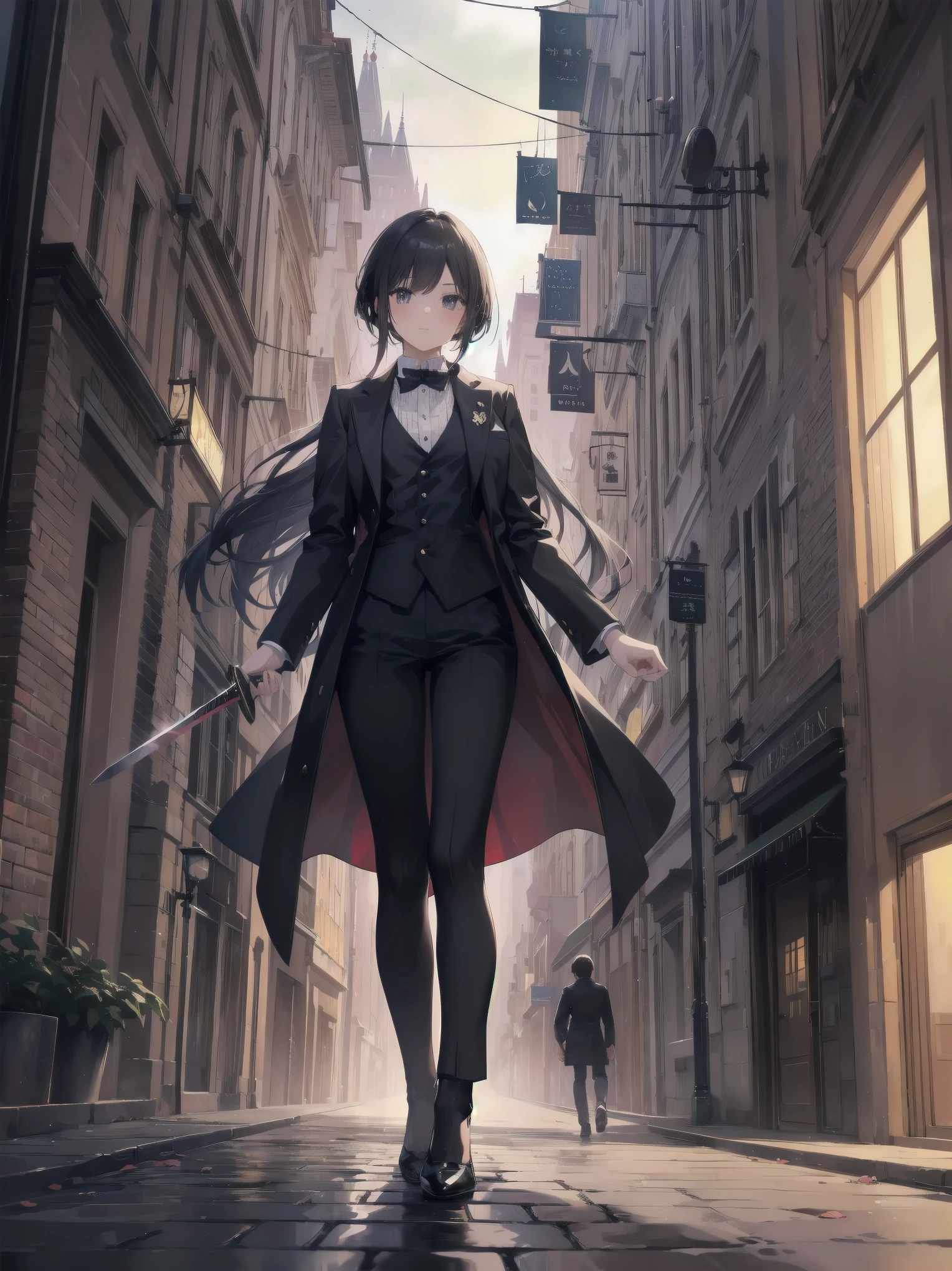 In this illustration、On a cobbled street corner in 1920s Vienna、A girl who is a genius swordsman is depicted.。Although she is from an aristocratic family、Skilled with swords、The technique is ageless。her costume is、A unique design that combines the formal attire of an aristocrat and the functionality of a swordsman.、It expresses her strength and grace at the same time.。In the background、The beautiful cityscape of Vienna illuminated by fantastic lights、The cobblestone road has a special shine under her feet。This illustration、It tells the story of a young genius swordsman who appeared in the good old days of Vienna.。