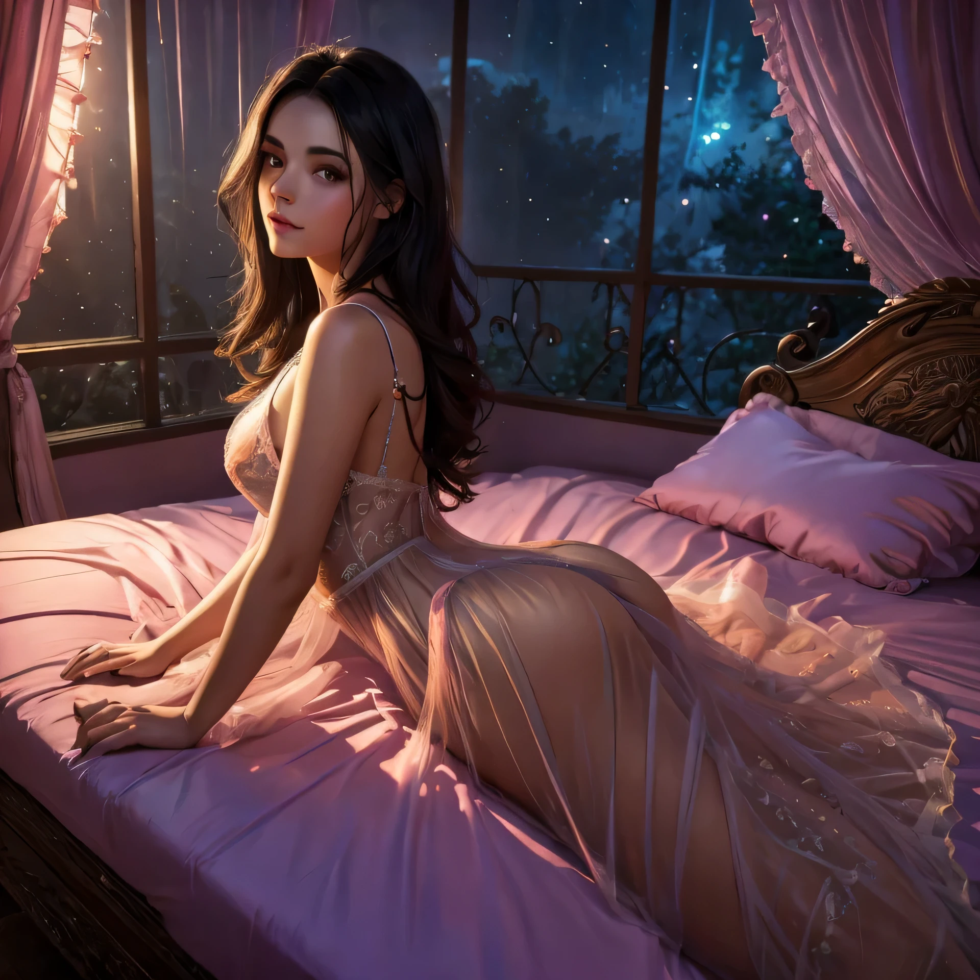 1girl, see her ass,(bright lighting,romantic setting),dreamy background,,dark hair, mesmerizing gaze, , soft skin, alluring beauty, artistic portrait, high-quality image, vibrant colors,translucent long silk gown, mosquito net, lying down, romantic bedroom, cartoon