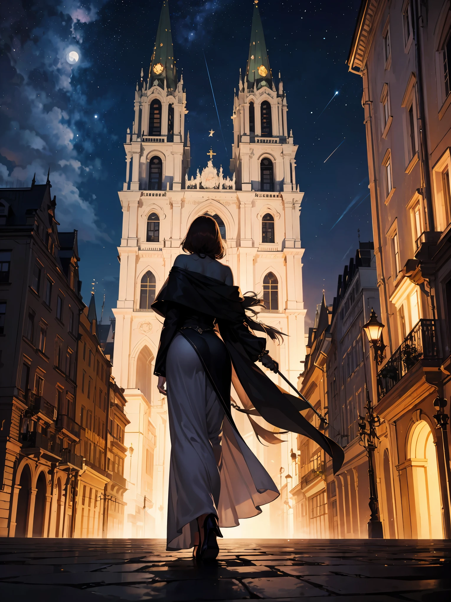 Title: "Elegance in Vienna" cowboy shot、 The illustration depicts Countess Elara standing on a moonlit rooftop in 1920s Vienna. She wears an opulent gown, her chestnut curls cascading down her back. In one hand, she holds a rapier, its blade catching the starlight. The cobblestone streets below are bathed in a soft glow, and the silhouette of St. Stephen's Cathedral stands tall in the distance.