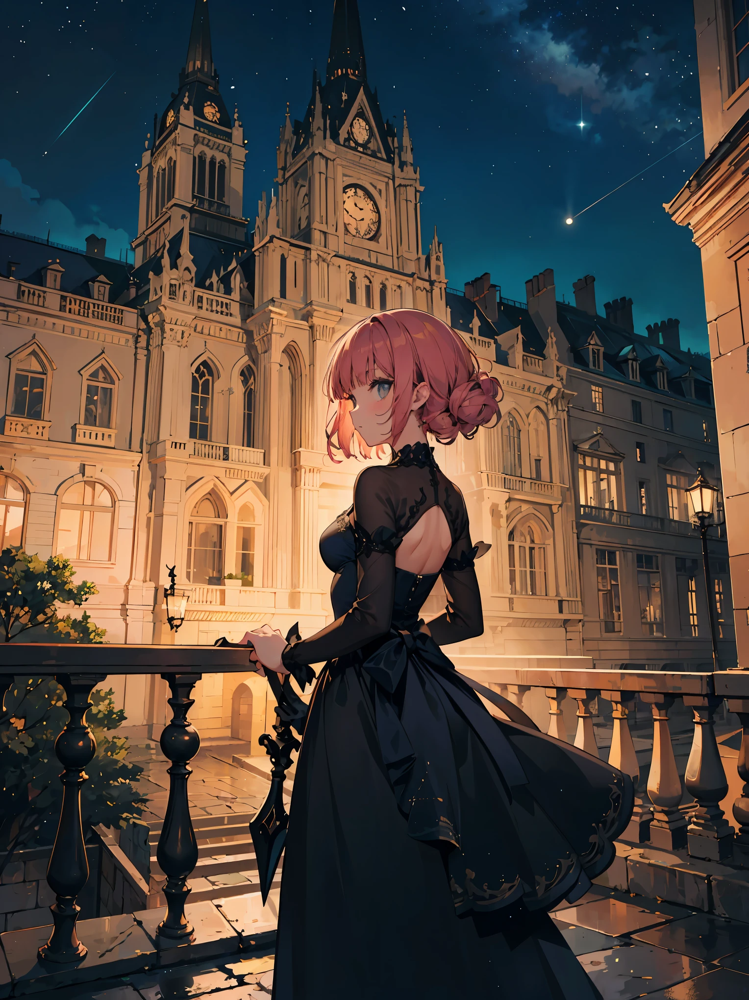 Title: "Elegance in Vienna" cowboy shot、 The illustration depicts Countess Elara standing on a moonlit rooftop in 1920s Vienna. She wears an opulent gown, her chestnut curls cascading down her back. In one hand, she holds a rapier, its blade catching the starlight. The cobblestone streets below are bathed in a soft glow, and the silhouette of St. Stephen's Cathedral stands tall in the distance.
