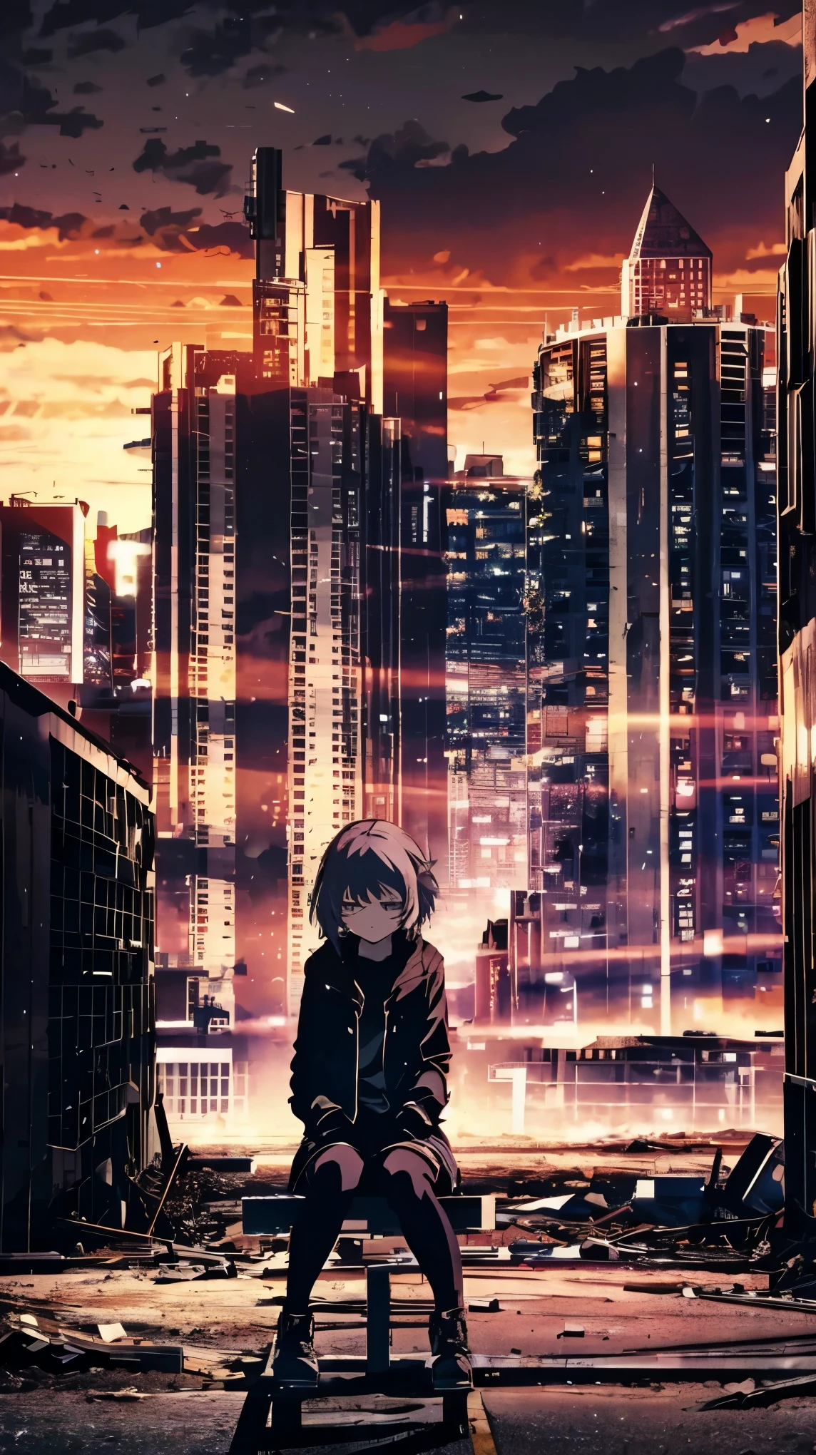 Night city, apocalypse, 1 girl, jacket,black jacket, white hair, sad face , hopeless,alone , abandoned city, sitting at the collapse building, ultra quality, 4k wallpaper, detail 4 k,(( detial face )