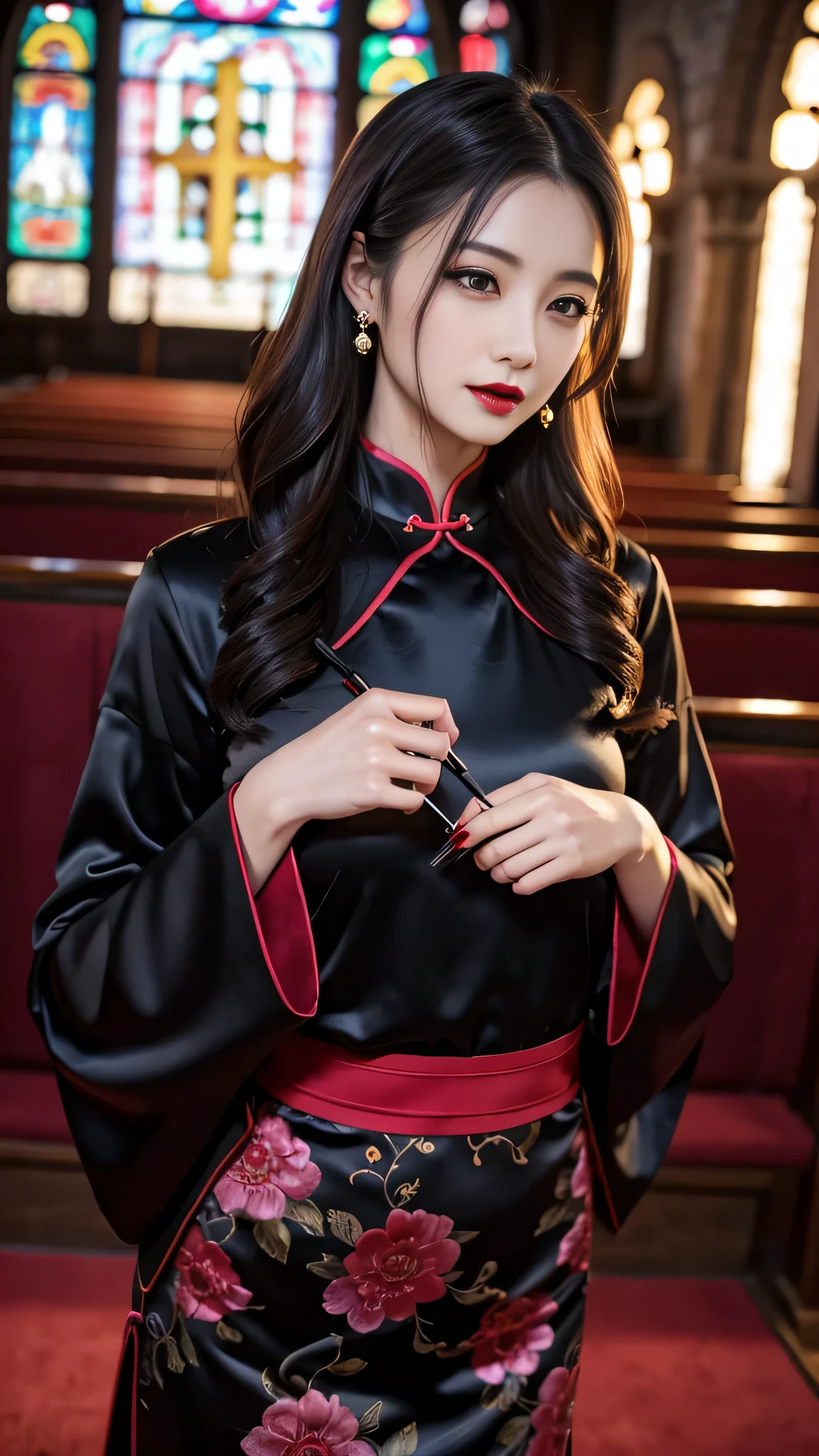 Super detailed、Japanese、charming beauty、seductive adult woman、Beautiful woman、sharp eyes、cool girl、wavy hair、long black cheongsam、wide sleeve、evilの幹部、evil depravity、brainwashing、Mind control、apply lipstick、grin、evilな表情、evil、empty eyes、evil、church at night、vampire、vampire、Hypnosia makeup brush