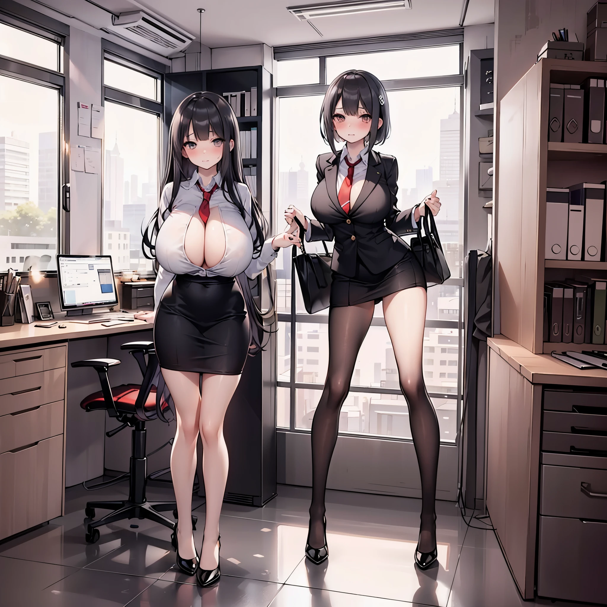 (solo 1 skinny girl standing in office:1.2), swaying back, (business suits:1.2), (bursting gigantic huge breasts:1.2), necktie, inconceivably thin waist, too short black skirt, thigh gap, highheels, nose blush, perfect anatomy