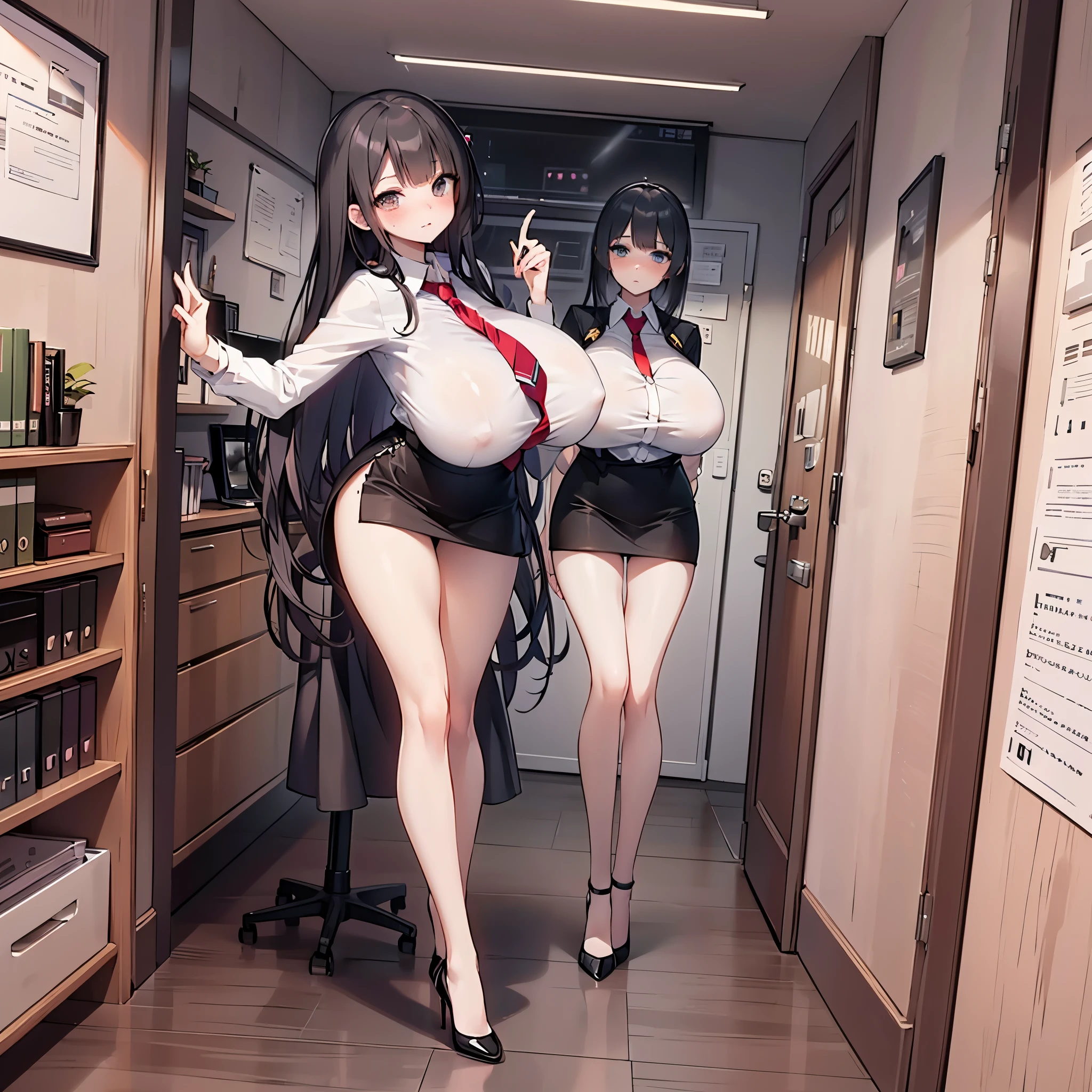 (solo 1 skinny girl standing in office:1.2), swaying back, (business suits:1.2), (bursting gigantic huge breasts:1.2), necktie, inconceivably thin waist, too short black skirt, thigh gap, highheels, nose blush, perfect anatomy