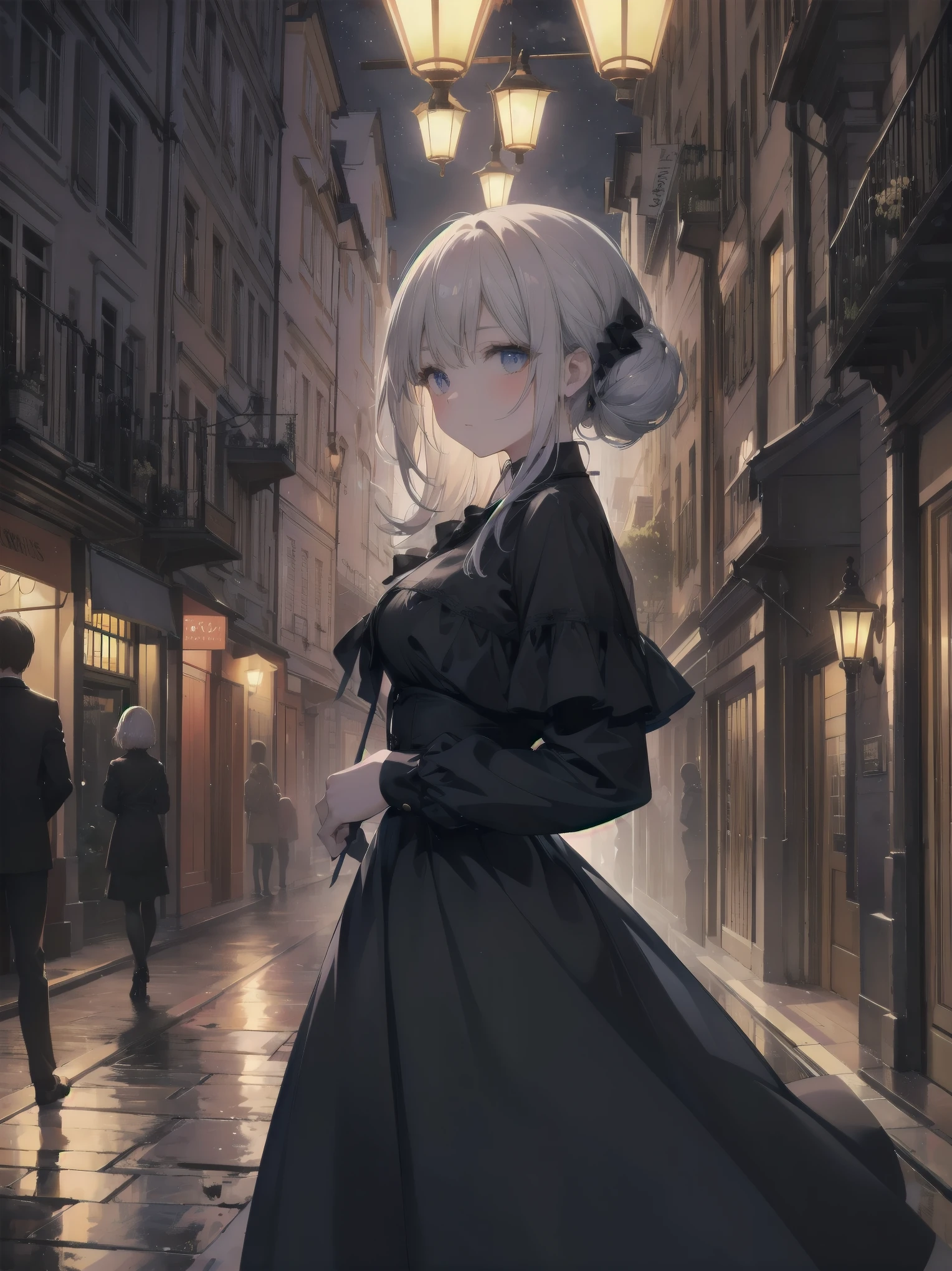 1920 Vienna Night、Against the background of a fantastic cityscape、A neat and beautiful marquis' daughter stands quietly alone.。She wears the formal attire of an aristocrat、The attire has an elegance that blends in with the city at night.。The cobblestone road is illuminated by moonlight、It creates a fantastic atmosphere。Around her、It is full of subtle lights that make her presence stand out even more.、Even in the silence, you can feel the strength and beauty hidden within her.。This illustration、1920s Vienna night、The quiet brilliance of a marquis' daughter、It depicts the beauty of a fantastic cityscape.。