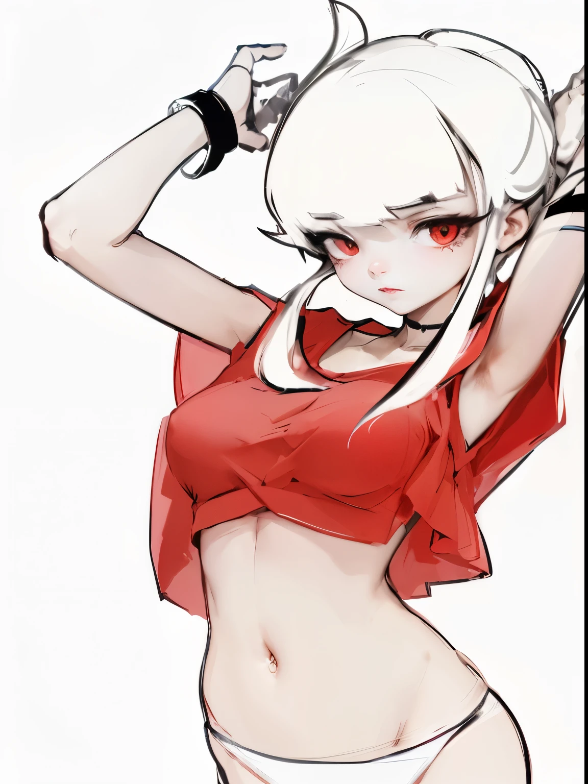 drawing of a woman in a Red top and white panties, ((Red)) bags under eyes, wearing clothes, grayscale phtoto with Red dress, Gaimoyedre, By Prue, Posture with hands behind body!, gravity rush inspiRed, twisted posture, anime style, some Red, Danganronpa digital art, bad posture, Demon anime girl Tonalism, chiaroscuro, depth of field, cinematic lighting, masterpiece, anatomically correct, textured skin