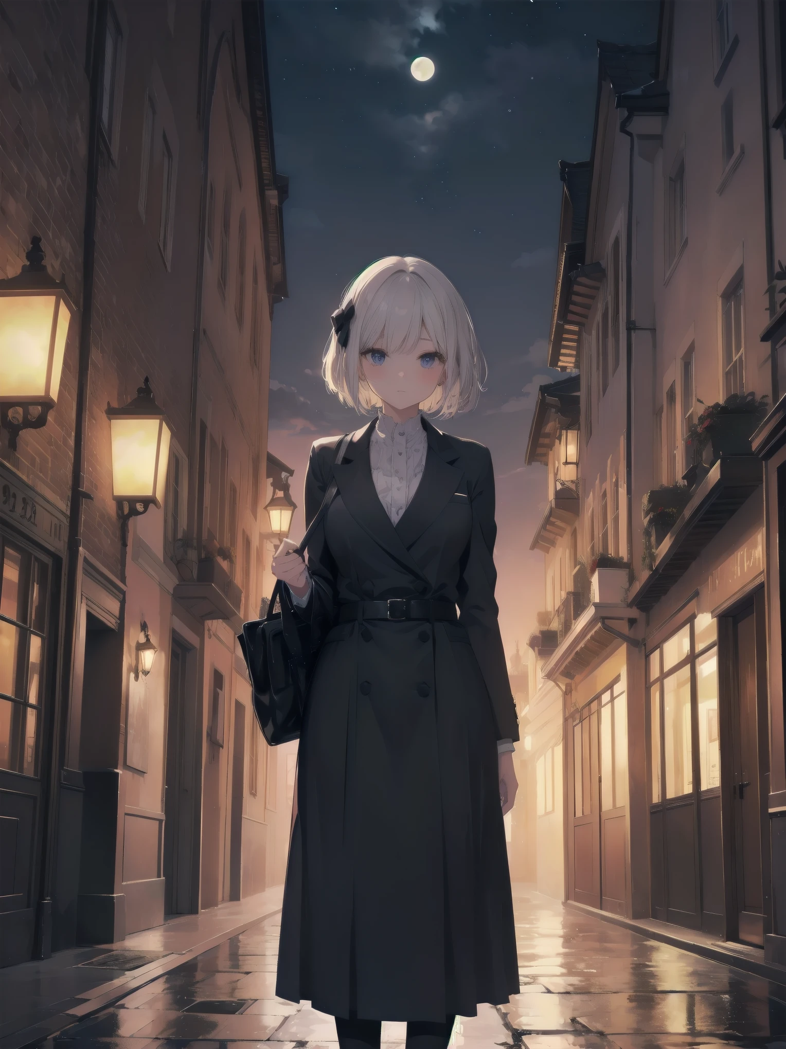 1920 Vienna Night、Against the background of a fantastic cityscape、A neat and beautiful marquis' daughter stands quietly alone.。She wears the formal attire of an aristocrat、The attire has an elegance that blends in with the city at night.。The cobblestone road is illuminated by moonlight、It creates a fantastic atmosphere。Around her、It is full of subtle lights that make her presence stand out even more.、Even in the silence, you can feel the strength and beauty hidden within her.。This illustration、1920s Vienna night、The quiet brilliance of a marquis' daughter、It depicts the beauty of a fantastic cityscape.。