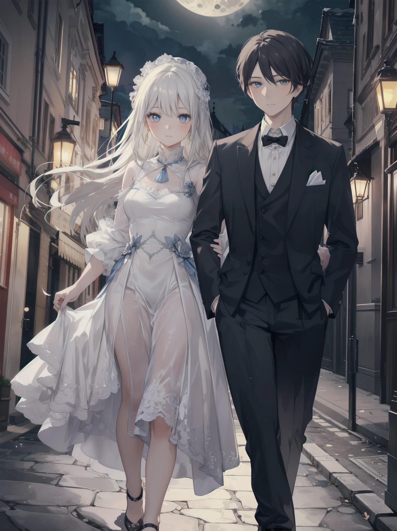 「the girl、While watching the moon floating in the night sky、Strolling through the streets of Vienna in the 1920s。she、With neat clothes and elegant poses、A genius swordsman appeared there.。he、Her face has loving eyes、She too looked lovingly at him.。」