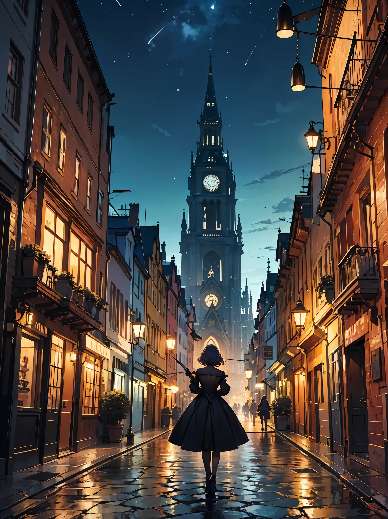 Title: "Elegance in Vienna" cowboy shot、 The illustration depicts Countess Elara standing on a moonlit rooftop in 1920s Vienna. She wears an opulent gown, her chestnut curls cascading down her back. In one hand, she holds a rapier, its blade catching the starlight. The cobblestone streets below are bathed in a soft glow, and the silhouette of St. Stephen's Cathedral stands tall in the distance.