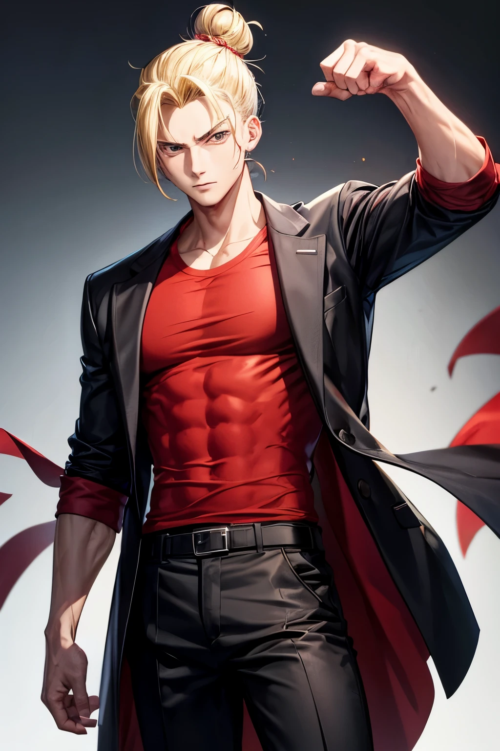 1boy , male , yankee , hair bun , punch , red t-shirt , black pant , student , japanese , blonde hair , arm muscle , school , overcoat