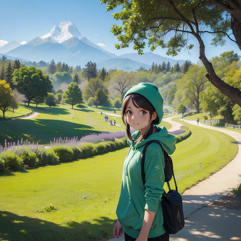 en campo de lavanda, distant mountain, casa, una chica linda que lleva una sudadera verde con una capucha en la cabeza que camina encorvada sobre central park y que tiene ojos verdes