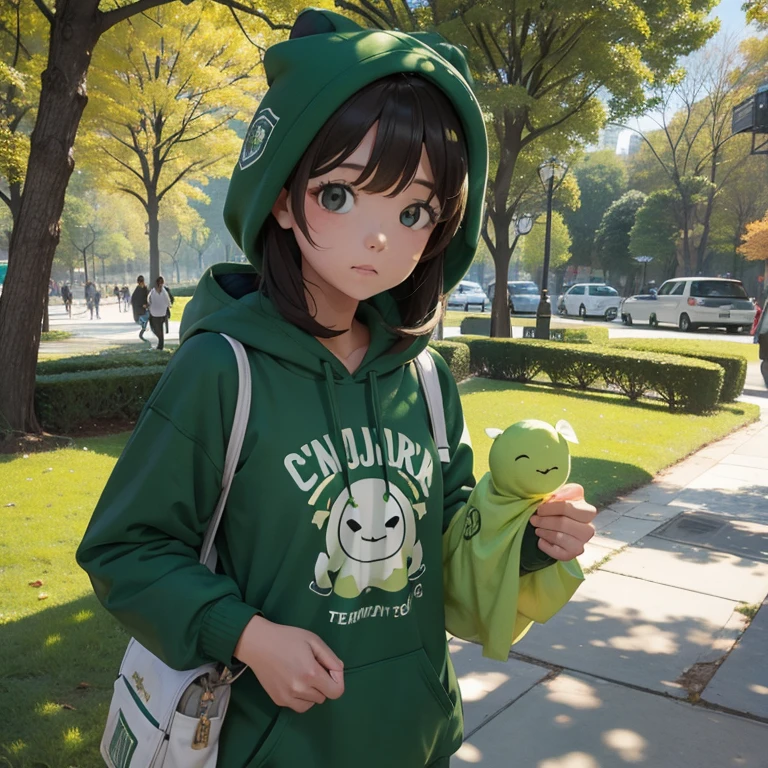 una chica linda que lleva una sudadera verde con una capucha en la cabeza que camina encorvada sobre central park y que tiene ojos verdes