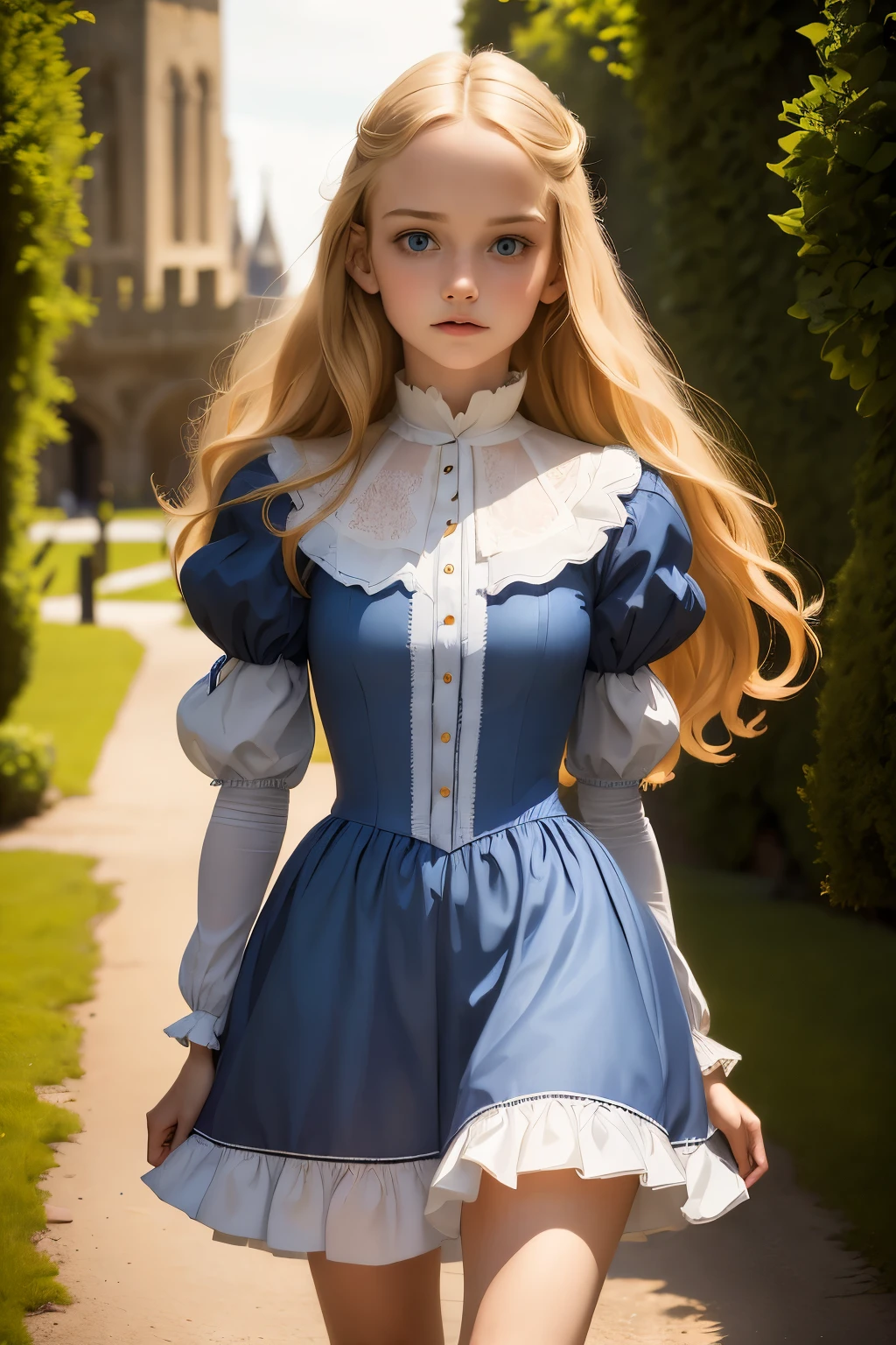 Virginia Otis, (blond hair, blue eyes), thin, cute face, walks at night in Canterville Castle (inspired by the novel The Canterville Ghost). aged 1887, Victorian dark fantasy