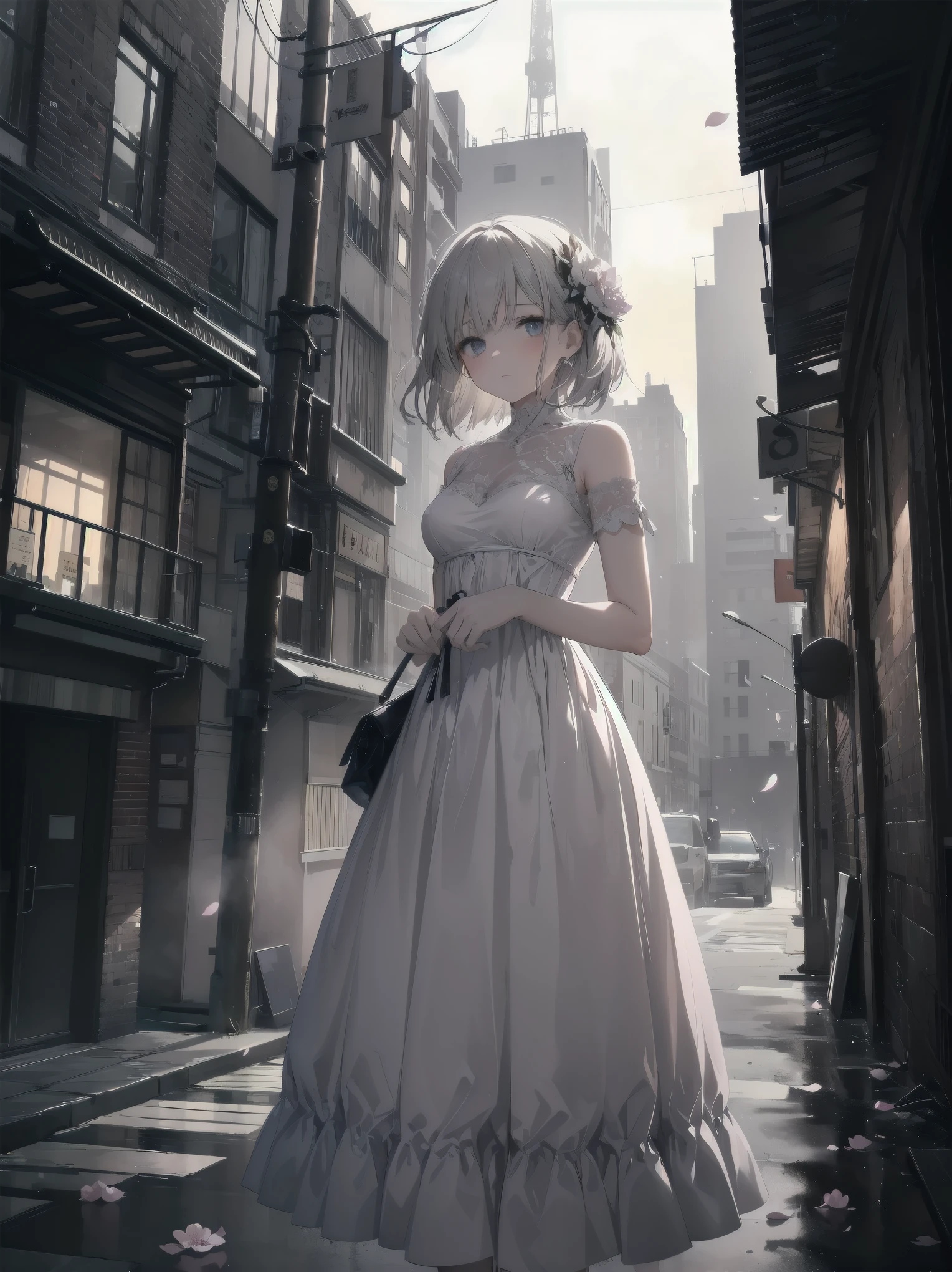 "A Delicate Flower Amidst the Urban Jungle"
Picture a fragile, graceful young girl, dressed in a simple, yet elegant white dress, standing amidst a bustling city street. She holds a delicate, porcelain-like flower in her hand, its petals gently swaying in the urban breeze. The contrast between her innocence and the rough, grimy city surroundings creates a sense of vulnerability and tension. The buildings tower above her, their harsh, angular lines and gritty textures forming a stark contrast to her soft, ethereal presence. The atmosphere is a mix of gritty realism and poignant beauty, with muted colors and a hint of melancholy.