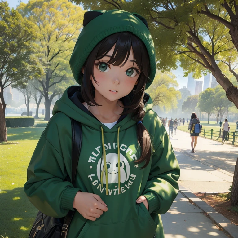 una chica linda que lleva una sudadera verde con una capucha en la cabeza que camina encorvada sobre central park y que tiene ojos verdes melancolica