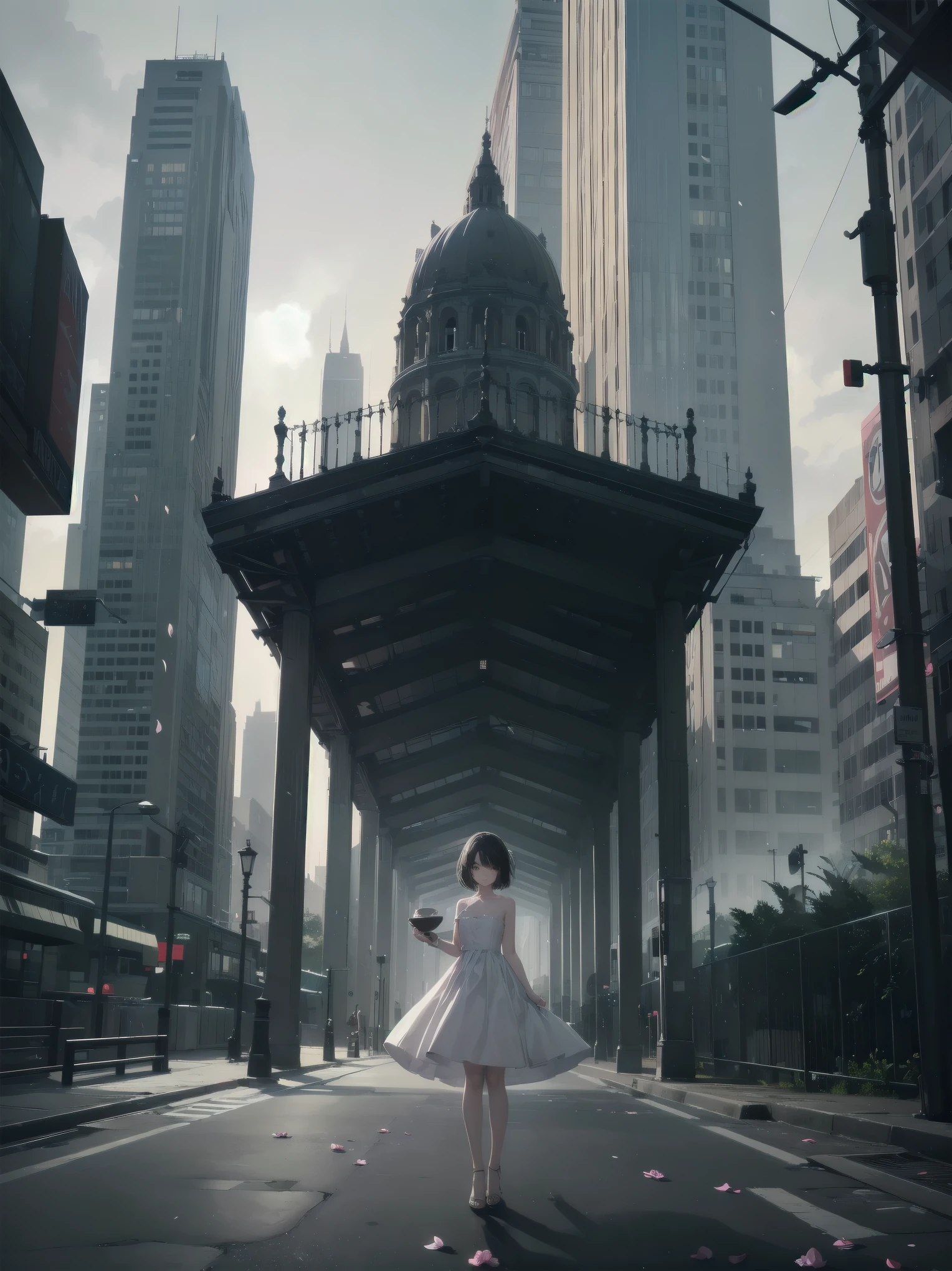 "A Delicate Flower Amidst the Urban Jungle"
Picture a fragile, graceful young girl, dressed in a simple, yet elegant white dress, standing amidst a bustling city street. She holds a delicate, porcelain-like flower in her hand, its petals gently swaying in the urban breeze. The contrast between her innocence and the rough, grimy city surroundings creates a sense of vulnerability and tension. The buildings tower above her, their harsh, angular lines and gritty textures forming a stark contrast to her soft, ethereal presence. The atmosphere is a mix of gritty realism and poignant beauty, with muted colors and a hint of melancholy.