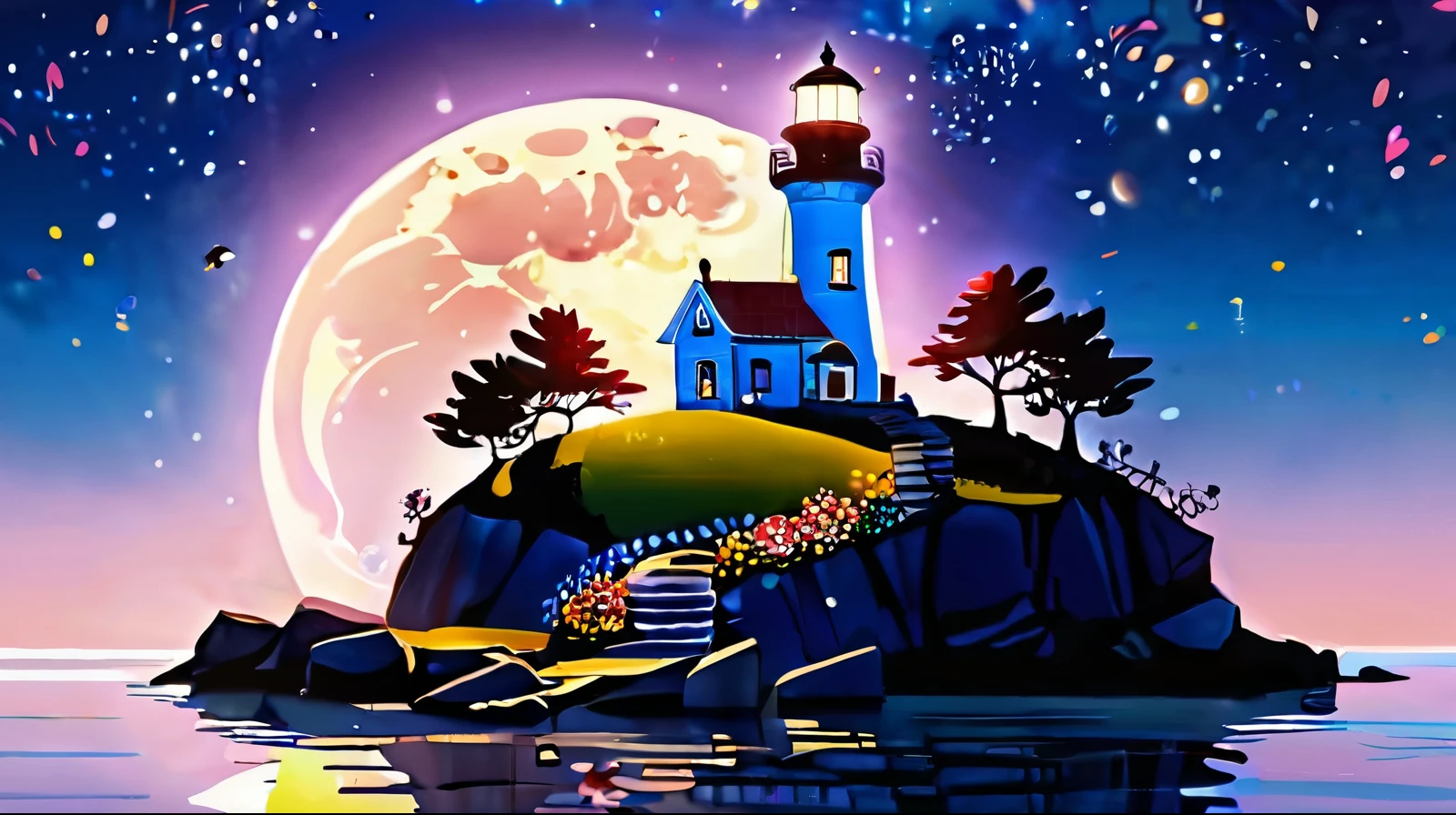 lindodibujos animadosAF, lindo dibujo animado, Masterpiece in maximum 16K resolution, Excelente calidad, un faro alto y caprichoso en una gran isla flotante, the lighthouse has a fun design, The floating island has colorful flowers and whimsical trees, cielo nocturno con estrellas parpadeantes, una estrella fugaz, una luna creciente, Dreamy color palette. | ((Further_detalle))