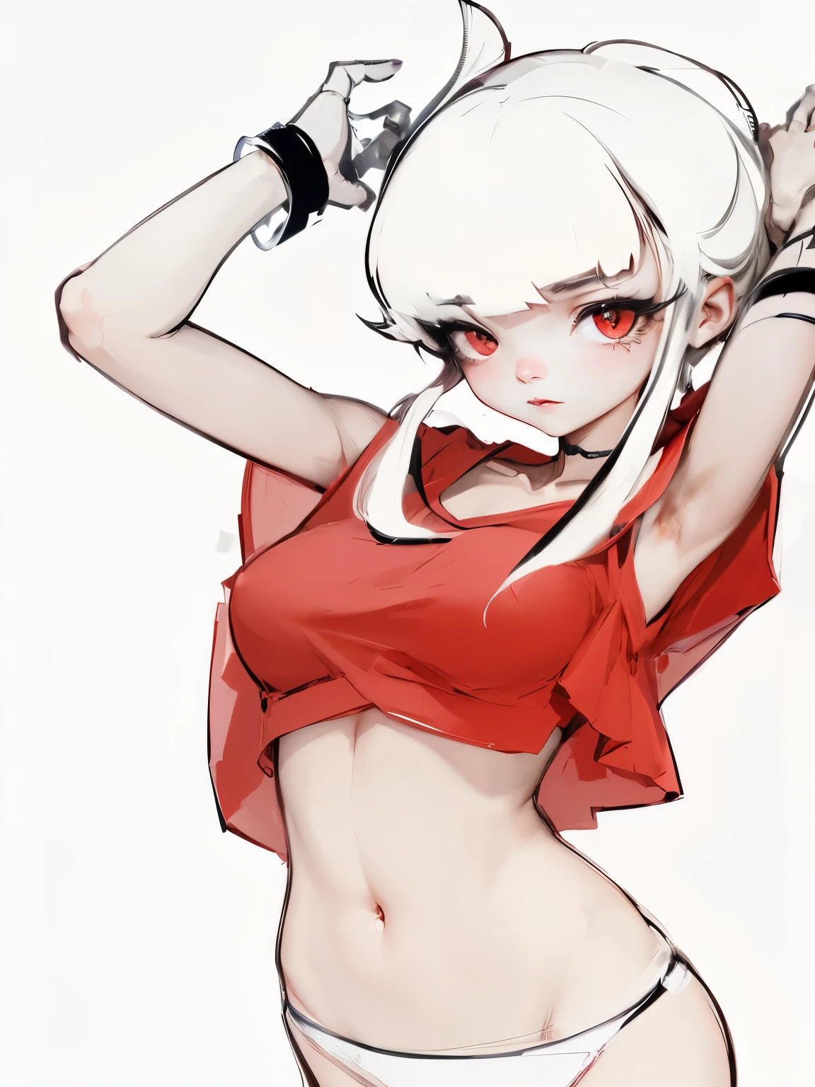 drawing of a woman in a Red top and white , ((Red)) bags under eyes,  wearing clothes, grayscale phtoto with Red dress, Gaimoyedre, By Prue, Posture with hands behind body!, gravity rush inspiRed, twisted posture, anime style, some Red, Danganronpa digital art, bad posture, Demon anime girl Tonalism, chiaroscuro, depth of field, cinematic lighting, masterpiece, anatomically correct, textured skin