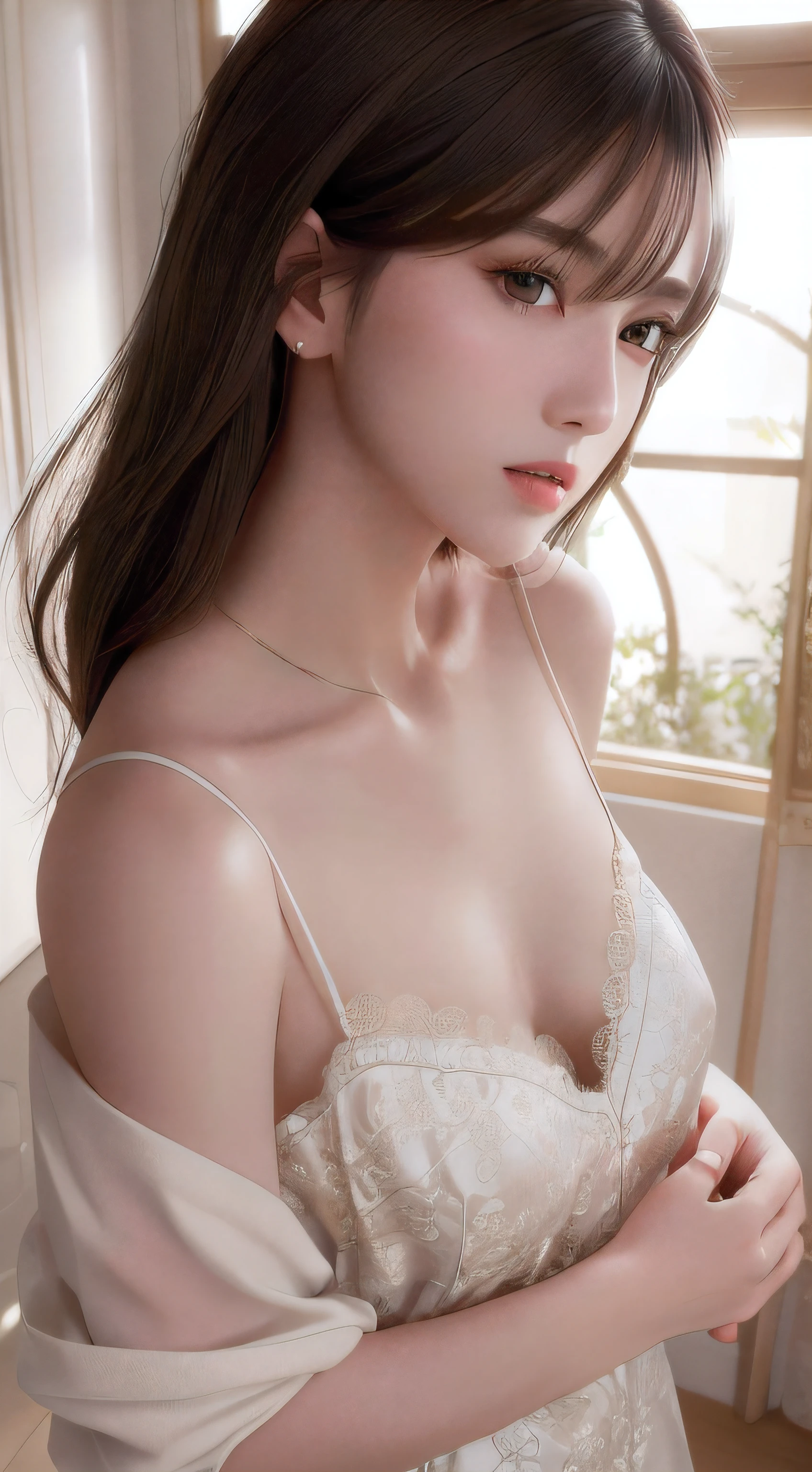 wonderful、masterpiece、golden eyes、white clothes、Respect、Upper body、brown haired、pale skin、(beautiful、pure beauty)、(Flawless、Location Details)、Black lace camisole、Bedroom、bright lighting、(woman、epic beauty、overhead lens、exquisite character art)