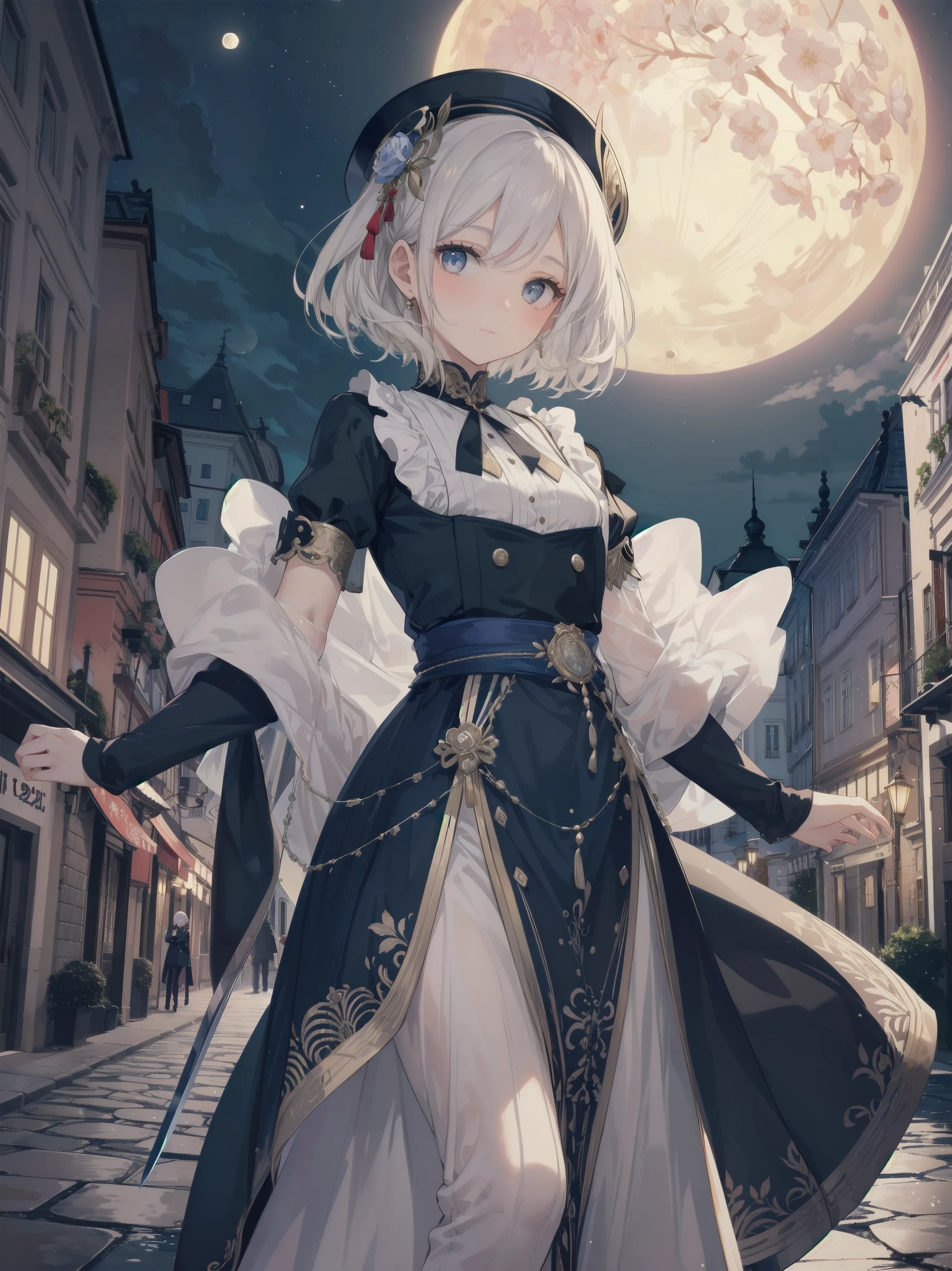 「the girl、While watching the moon floating in the night sky、Strolling through the streets of Vienna in the 1920s。she、With neat clothes and elegant poses、A genius swordsman appeared there.。he、Her face has loving eyes、She too looked lovingly at him.。」