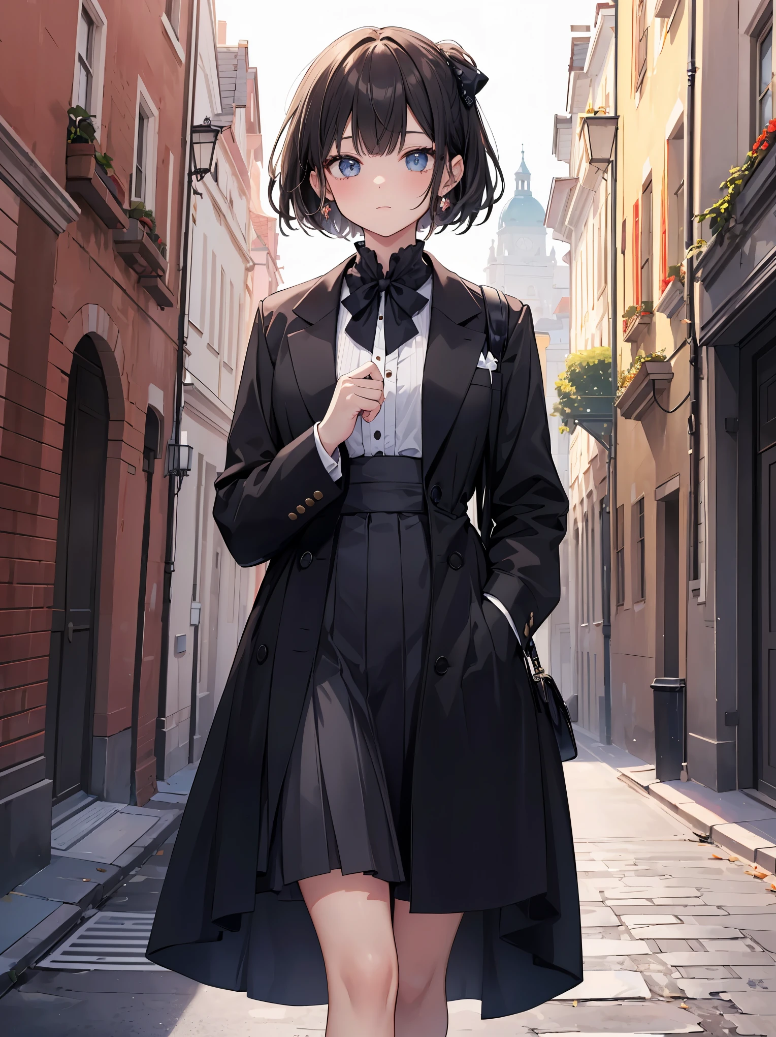 「The daughter of a marquis、This is an illustration of walking along the cobblestone streets of Vienna in the 1920s.。she、He wears gorgeous aristocratic formal attire.、A genius swordsman appeared there.。he、He has eyes that make her love him.、She too looked lovingly at him.。」