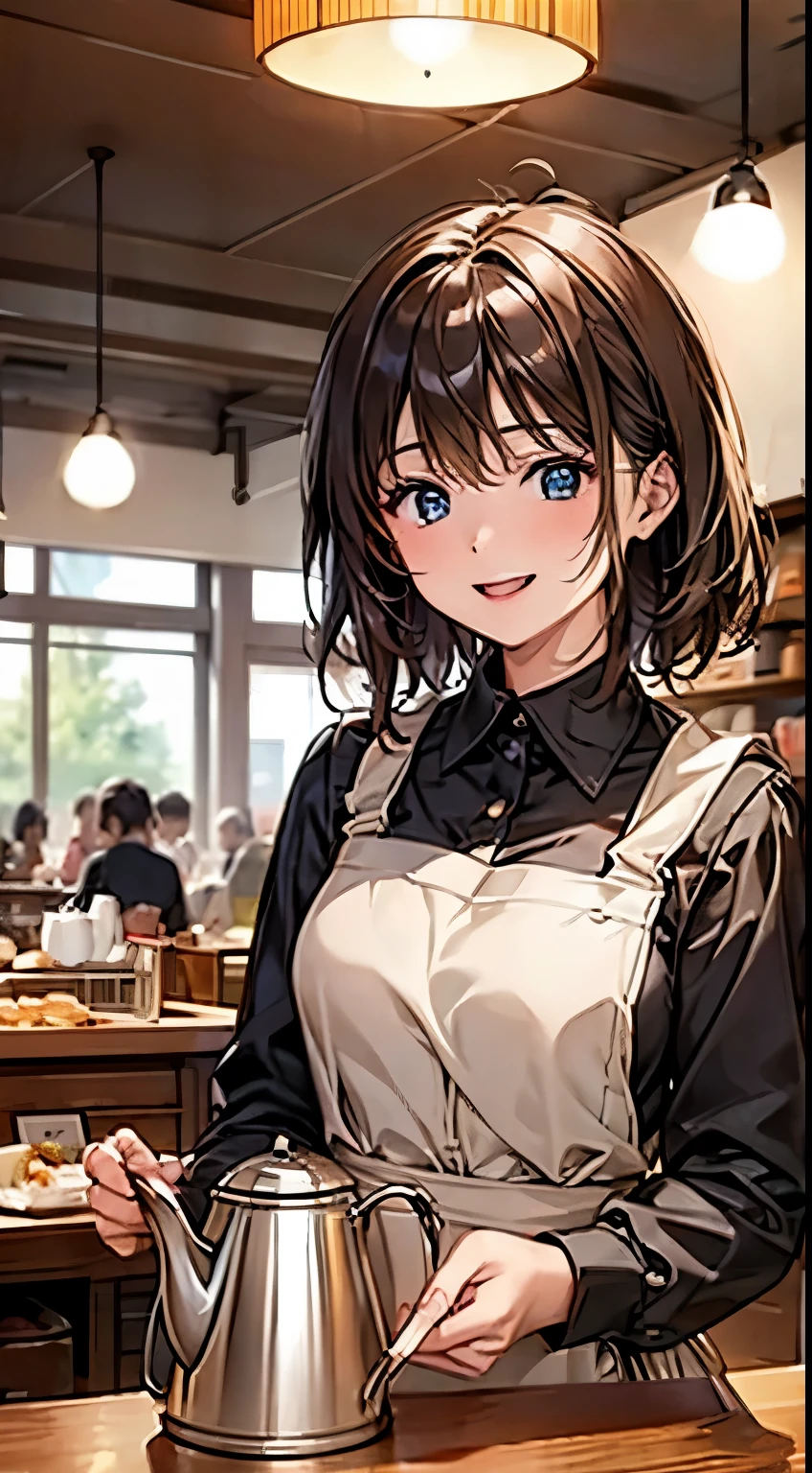 masterpiece,highest quality,Stylish western style cafe,female cafe clerk,Cafe clerk uniform,fine clothes,carry a coffee pot,laughter,Bright atmosphere in the store