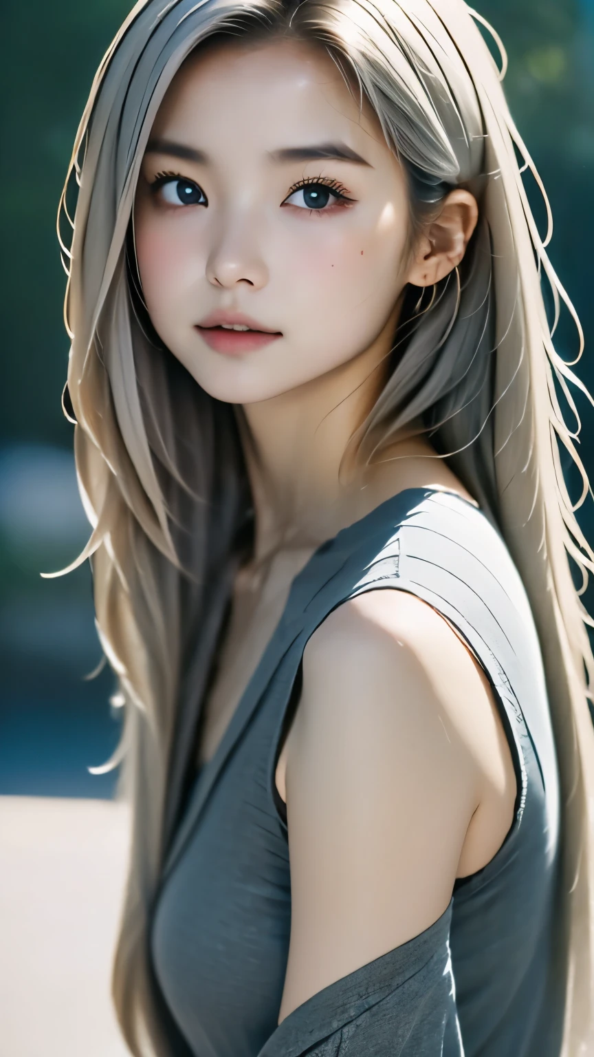 8k, RAW photo, fujifilm, Beautiful 20 year old woman style photo, (((gray hair:1.3,美しいgray hairのストレートヘアー、シルキーなgray hair)))、 red rose on neck, wearing a red and black lace dress:1.5, gold earrings, Powerful features such as rotating pigeons, (highly detailed skin: 1.2), light medium brown hair, film grain, 35mm, cute style
