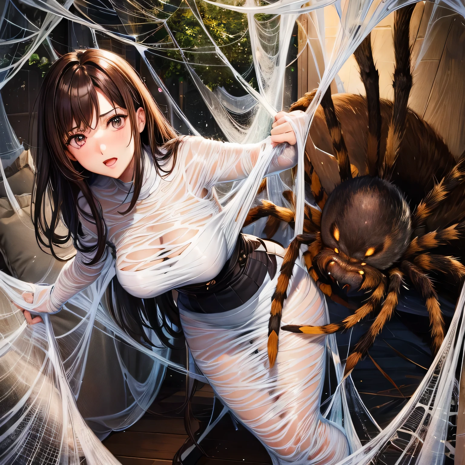 1girl,Spider weaving a net on the girl,réalism:1.2,ultra-detailed,bedroom setting,stretched pose,struggling in the net,brown haired,very long sheer skirt,oaken floor,soft sunlight,delicate spider silk,lace curtains,bedside table,decorative pillows, spider web