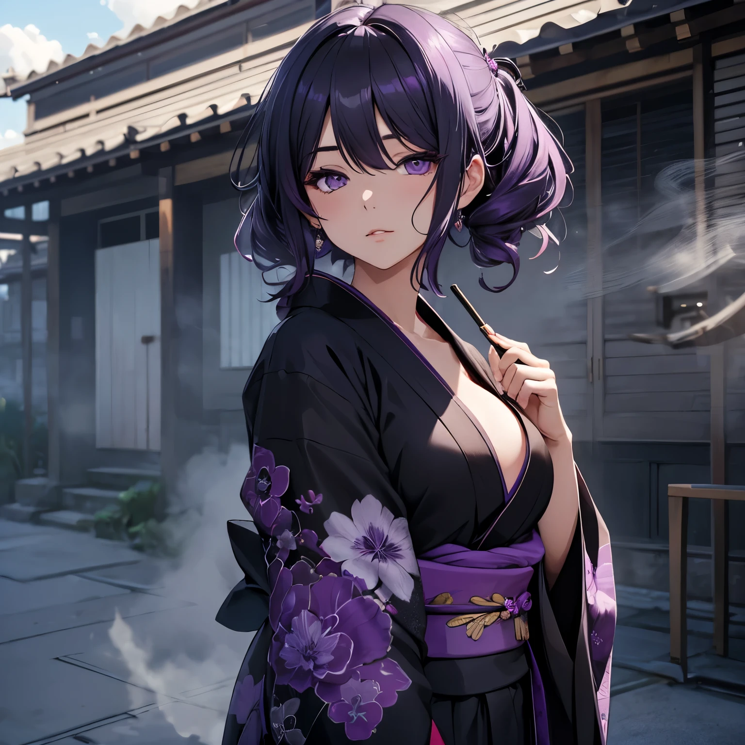 Woman, purple messy hair, ((black kimono)), ((shadow detail masterpiece)), smoke in the background