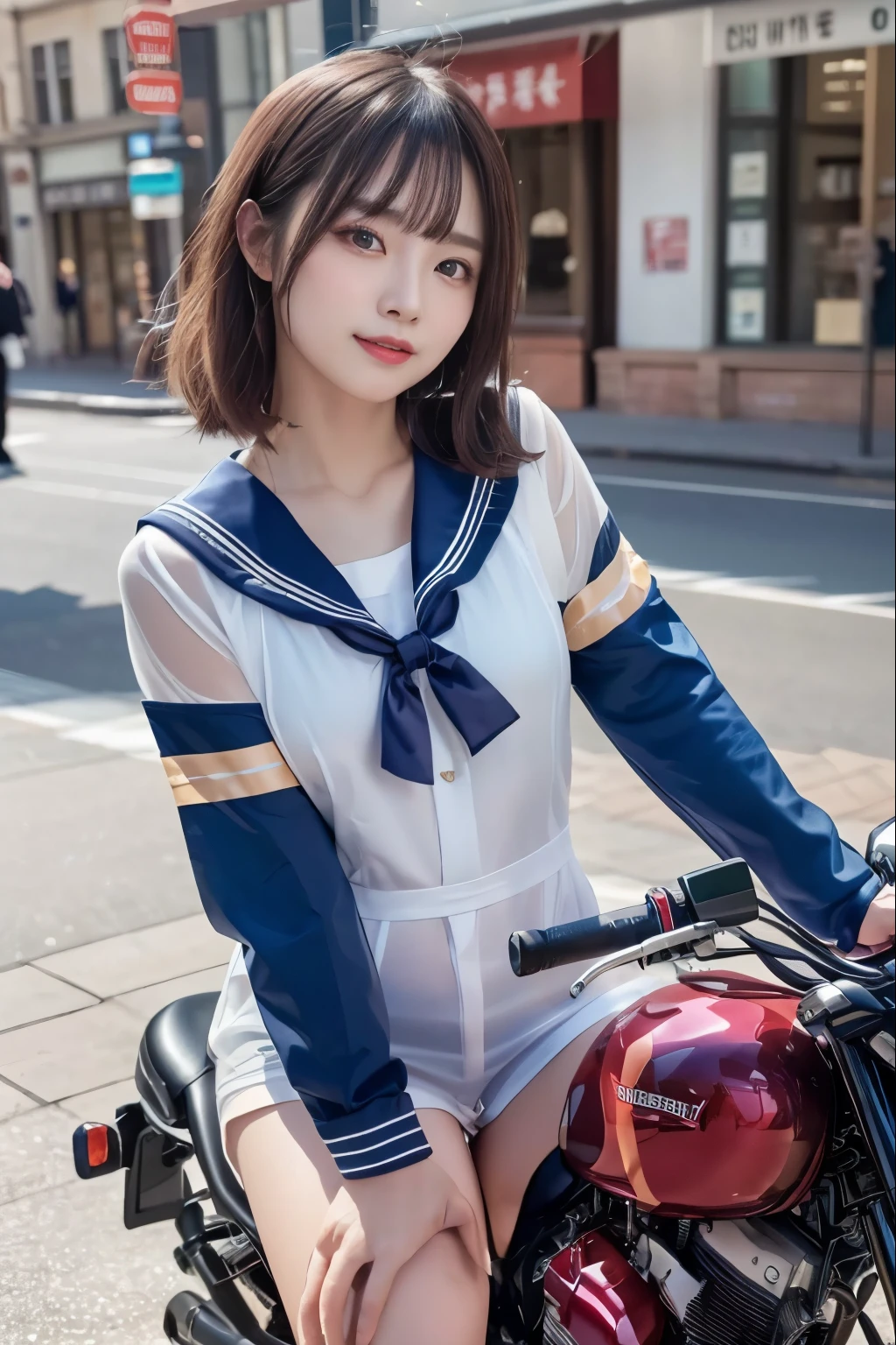 big and full breasts、(((A transparent white sailor suit that sticks to the chest,school uniform:1.7))),(((A woman in a transparent and revealing sailor suit:1.7 ))),(((A woman riding a colorful custom-painted motorcycle through the city:1.7))), Shiny light brown and orange striped short hair,cute smile,perfect round face,A cheerful smile that makes the viewer happy,proper body proportions,table top,Super high quality output image,High resolution,intricate details,very delicate and beautiful hair,realistic pictures,dream-like,professional lighting,realistic shadow,focus only,beautiful hands,beautiful fingers,Detailed functions of fingers,Detailed clothing characteristics,Detailed characteristics of hair,detailed facial features,(((emphasize the chest:1.3))),(dynamic angle),(dynamic and sexy pose),laughter、cute round face,,(table top,highest quality,Ultra high resolution output image,) ,(8K quality,),(sea art 2 mode.1),(Image mode Ultra HD,)