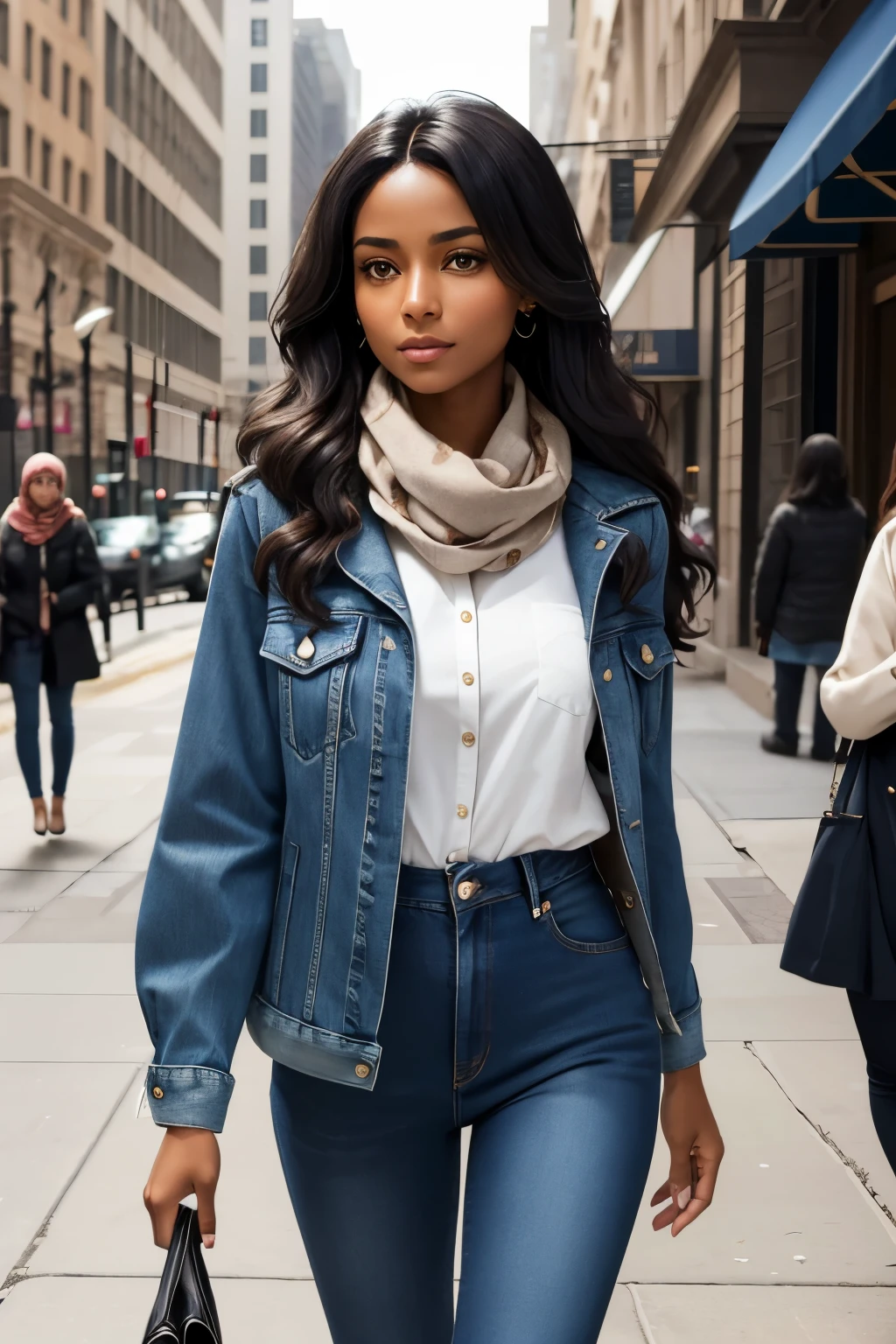 Chicago - Aisha: Aisha's mocha-colored skin is smooth and flawless, framed by long, dark hair that falls in loose waves around her shoulders. Her expressive eyes are a warm shade of hazel, reflecting both intelligence and kindness. She carries herself with a quiet confidence, her posture tall and graceful.Aisha's style is classic yet contemporary. She wears a lightweight, patterned scarf wrapped loosely around her neck, adding a pop of color to her otherwise understated outfit. A fitted denim jacket layers over a simple white blouse, paired with dark-wash jeans that accentuate her slender figure. Comfortable flats complete her look, allowing her to navigate the city streets with ease.