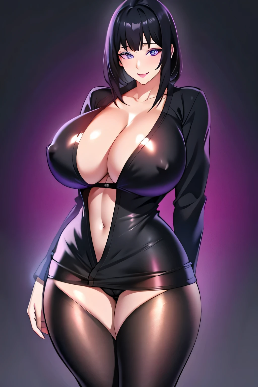 black hair, black uniform, violet eyes, gigantic breasts, cleavage, bare legs, ultra-detailed(best quality,highres:1.2), ultra-detailed eyes, smiling